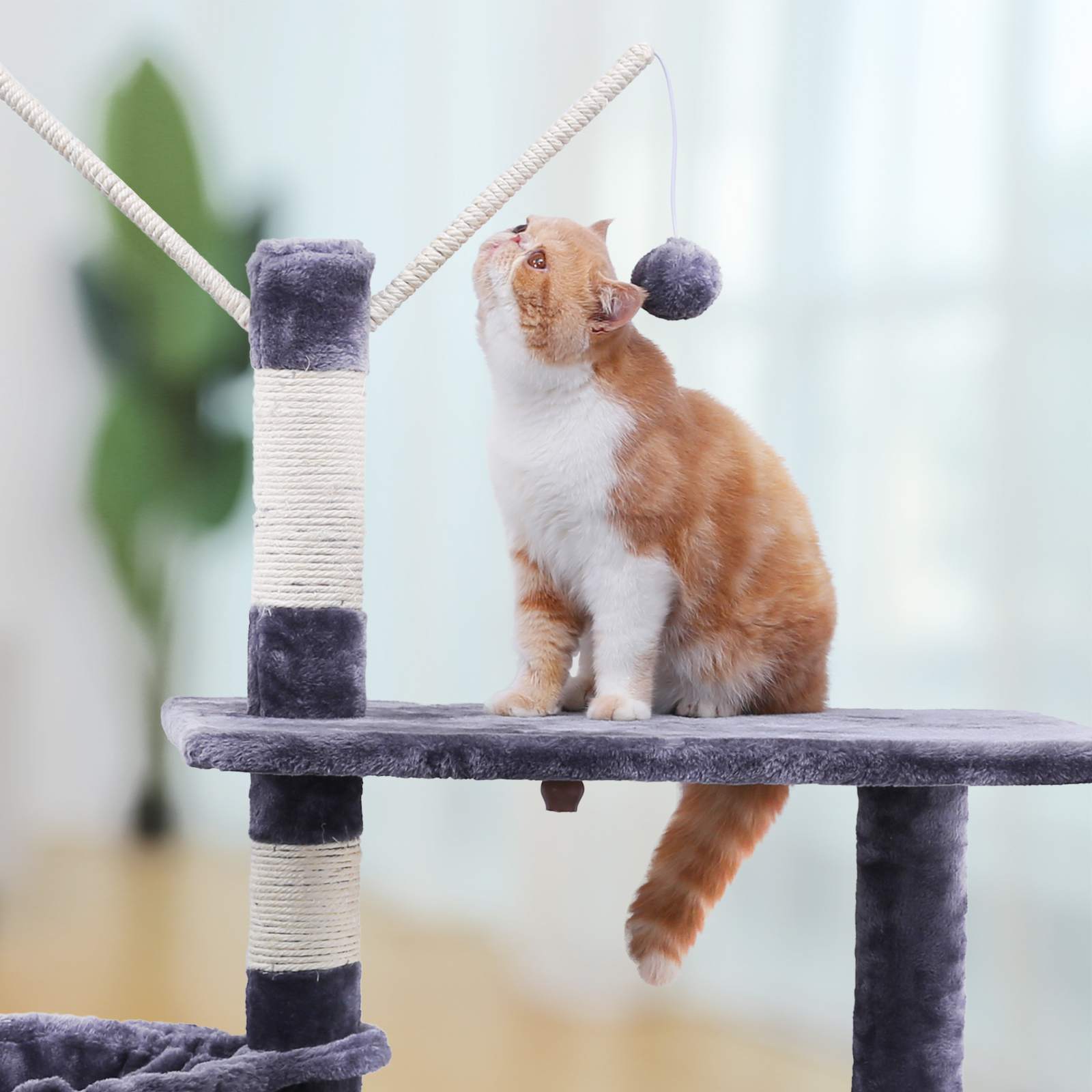 Cat Tree - Engineered Wood - Grey - Features Large Platform and Decorative Balls