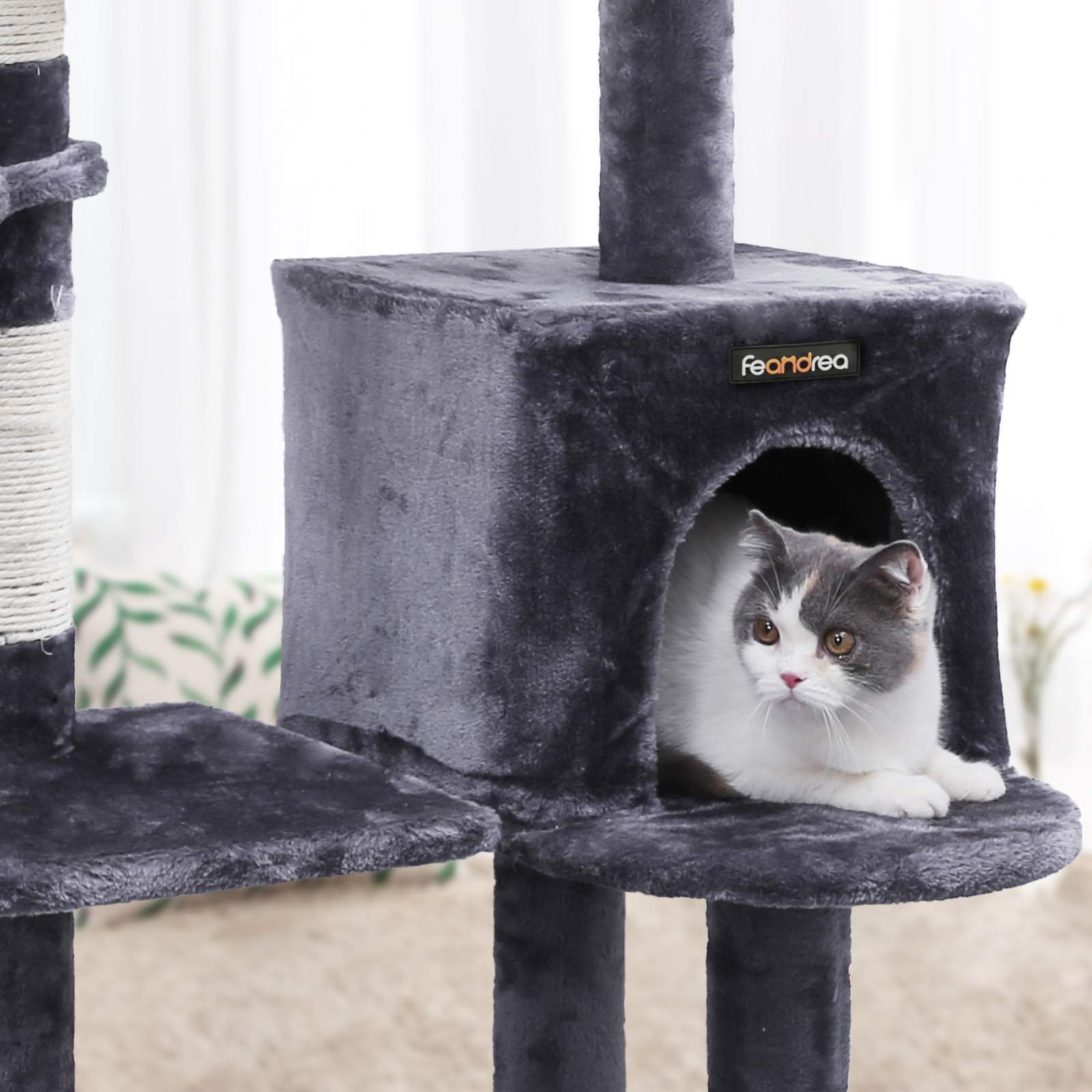 Cat Tree - Engineered Wood - Grey - Features Large Platform and Decorative Balls