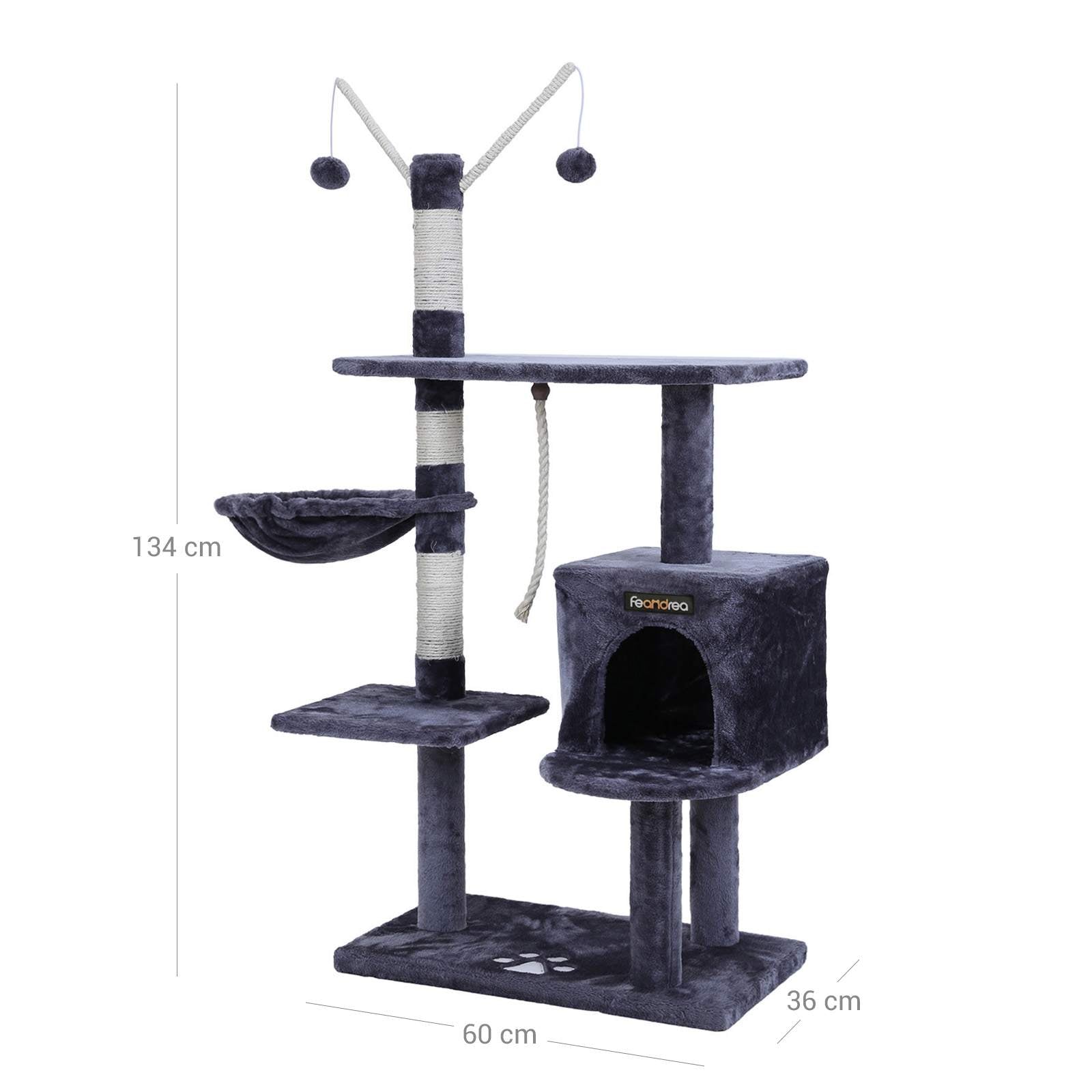 Cat Tree - Engineered Wood - Grey - Features Large Platform and Decorative Balls