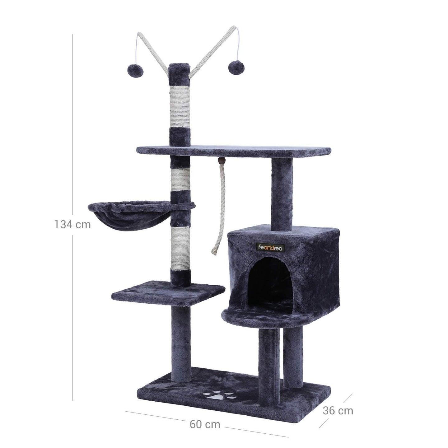 Cat Tree - Engineered Wood - Grey - Features Large Platform and Decorative Balls