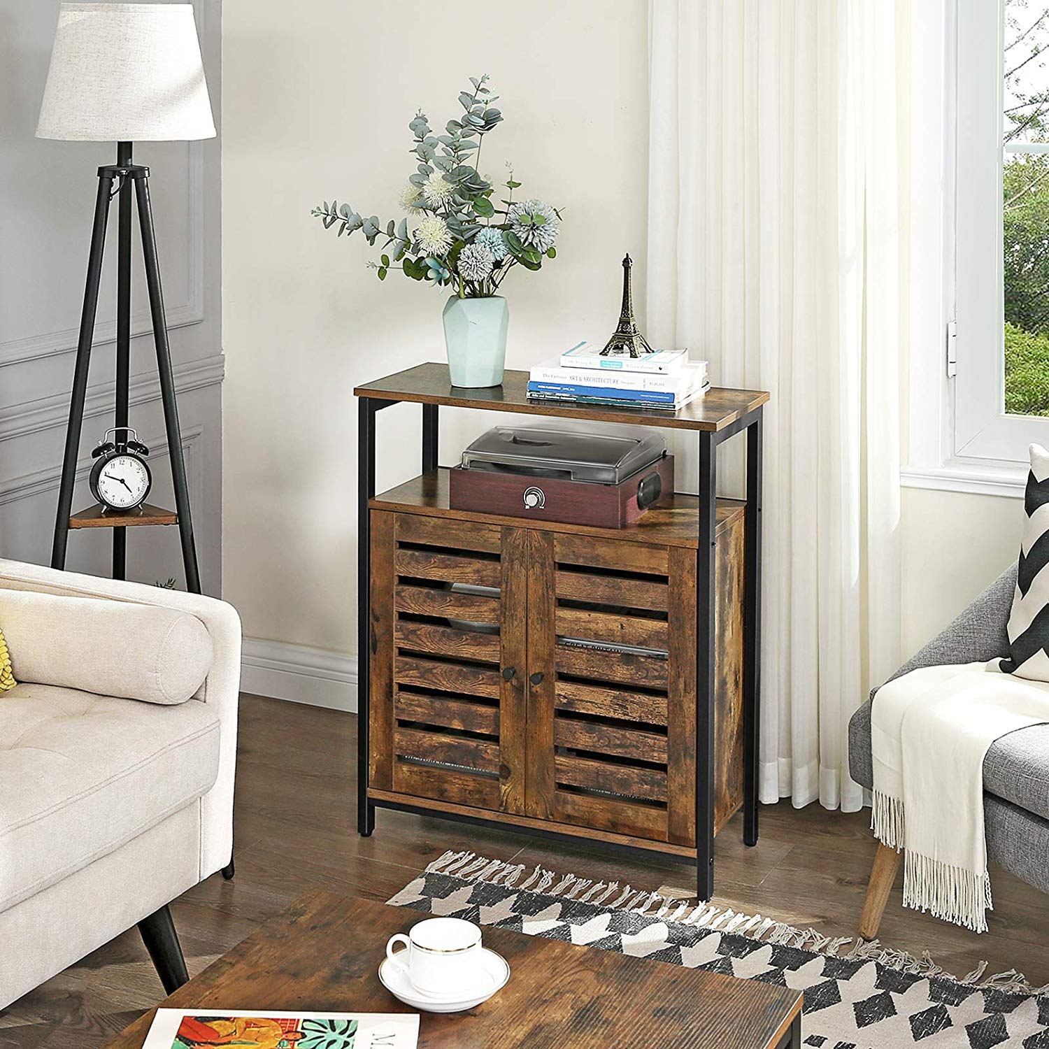 Side Cabinet - Wood - Rustic Brown - Multifunctional with Louvred Doors