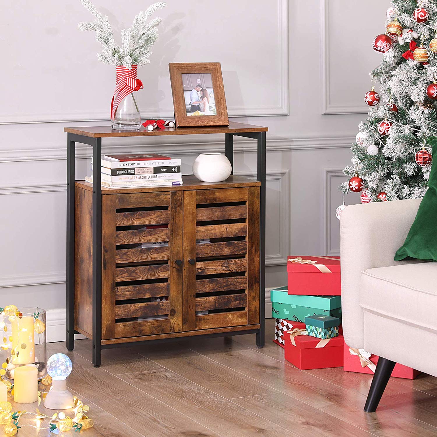 Side Cabinet - Wood - Rustic Brown - Multifunctional with Louvred Doors