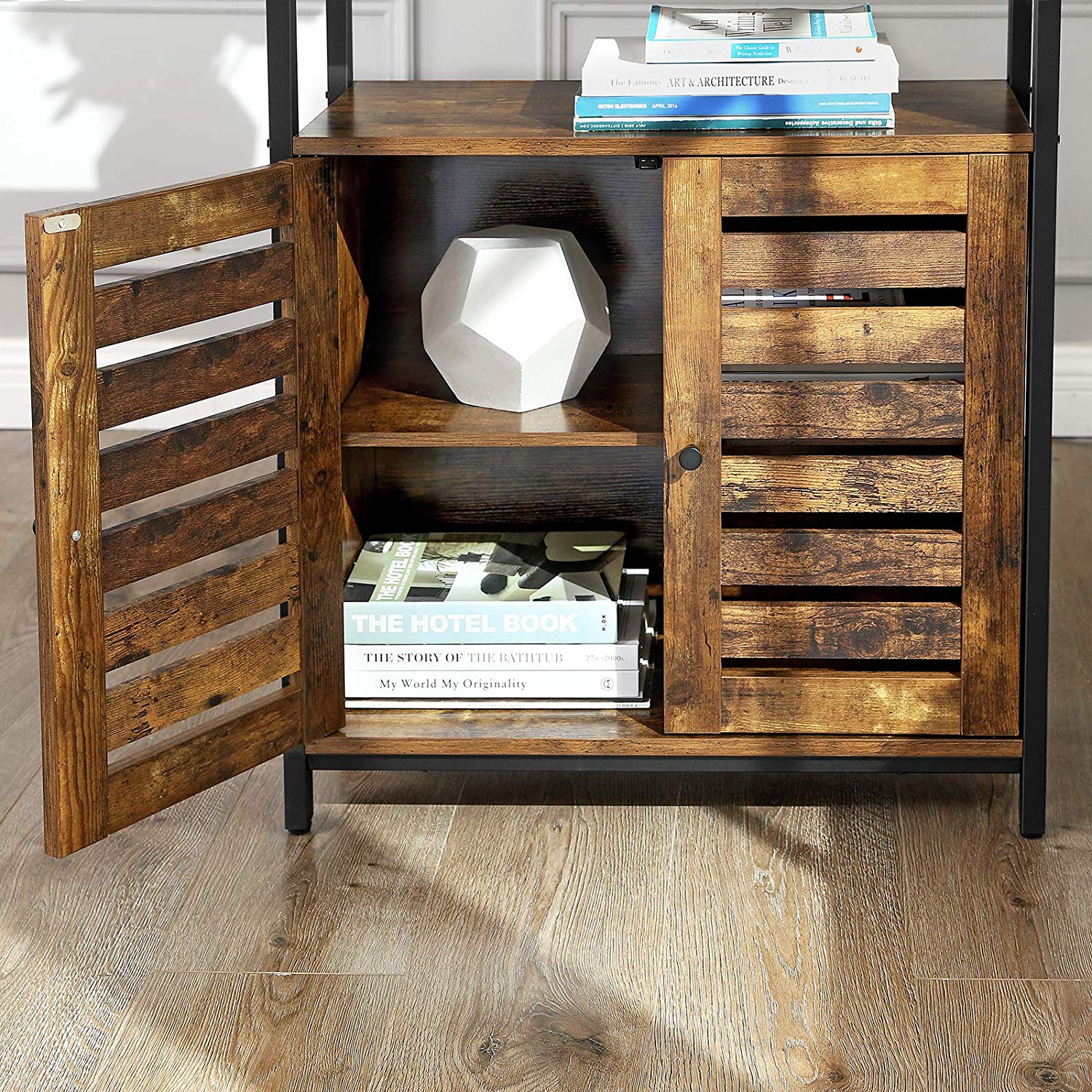 Side Cabinet - Wood - Rustic Brown - Multifunctional with Louvred Doors