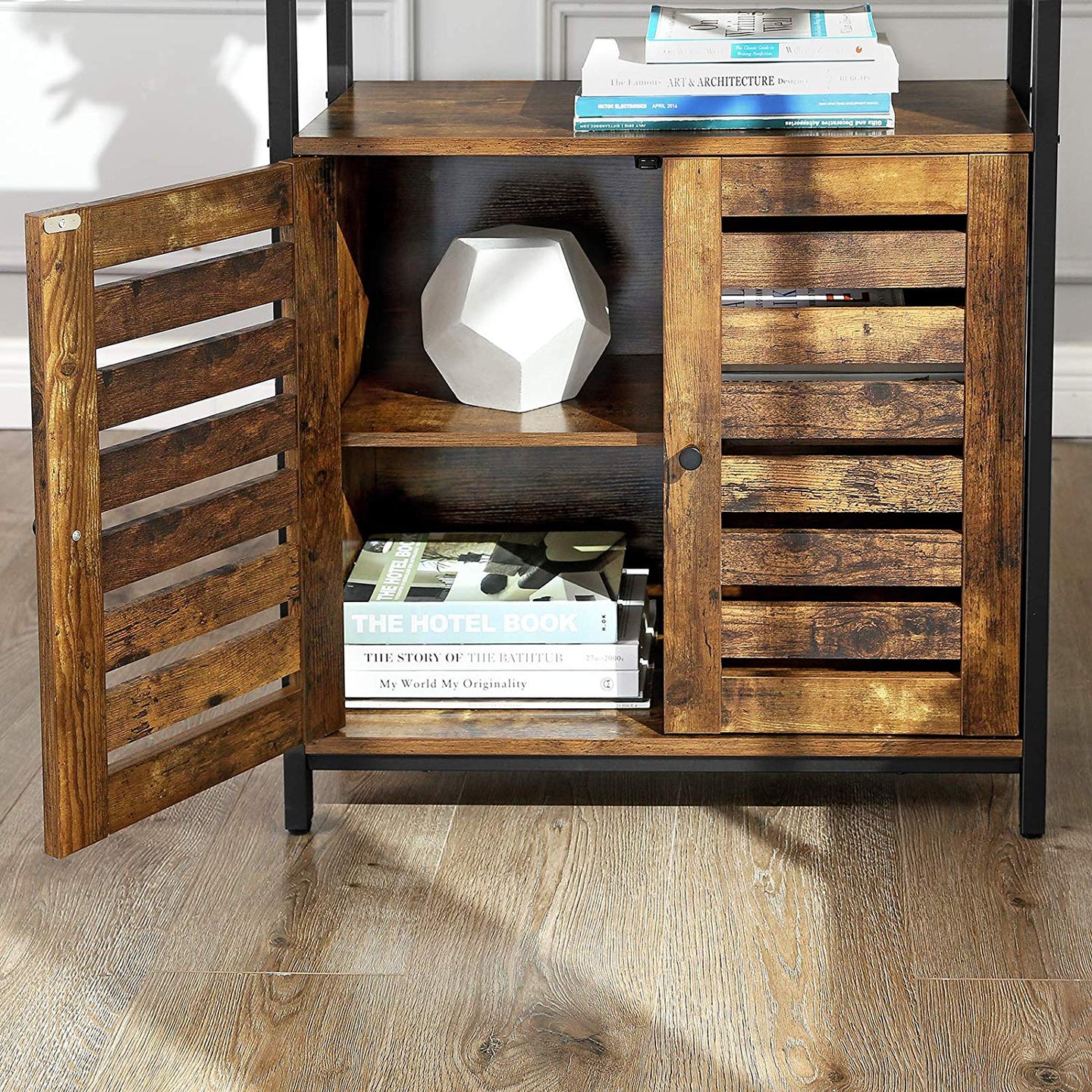 Side Cabinet - Wood - Rustic Brown - Multifunctional with Louvred Doors