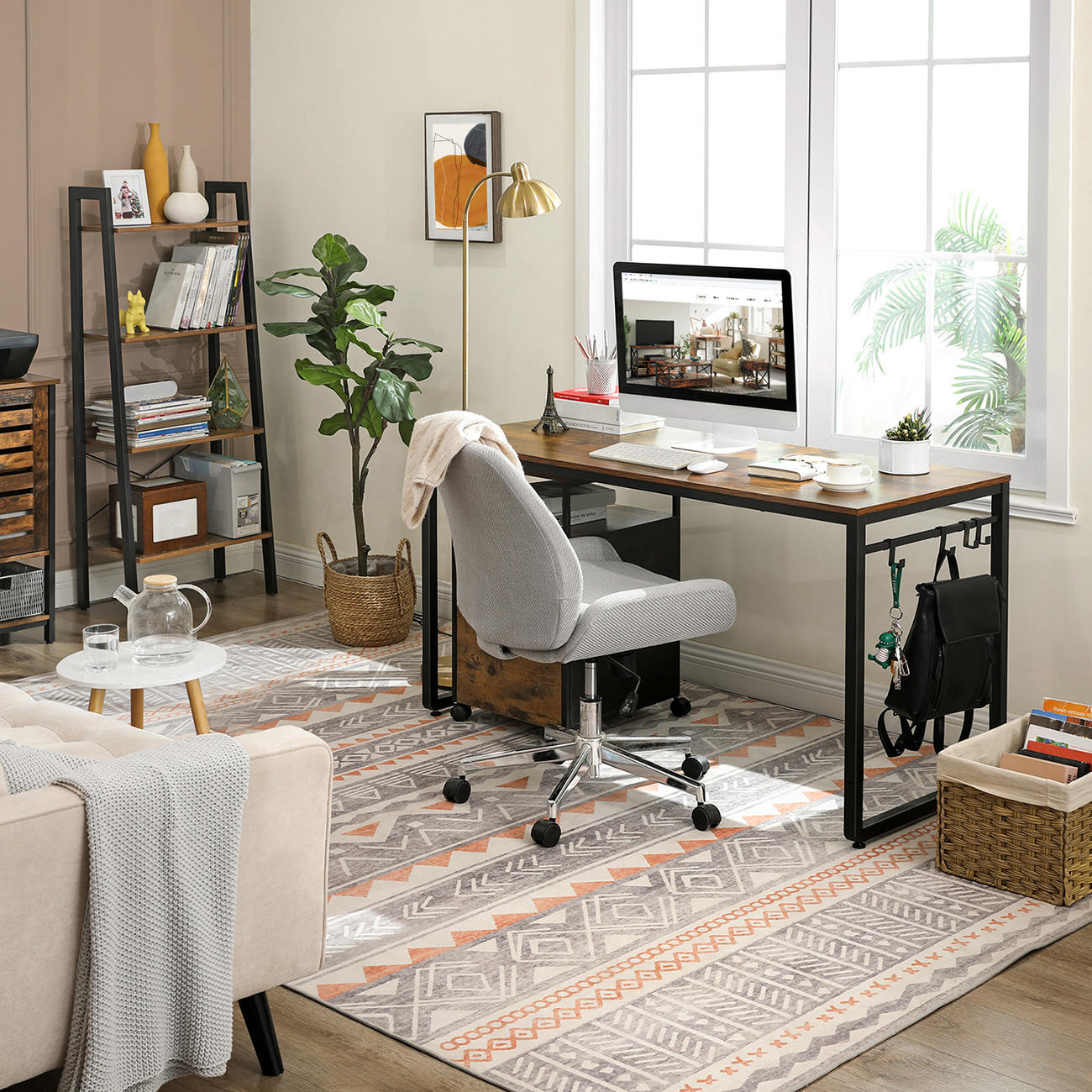 Office Desk - Metal - Rustic Brown and Black - Features 8 Hooks