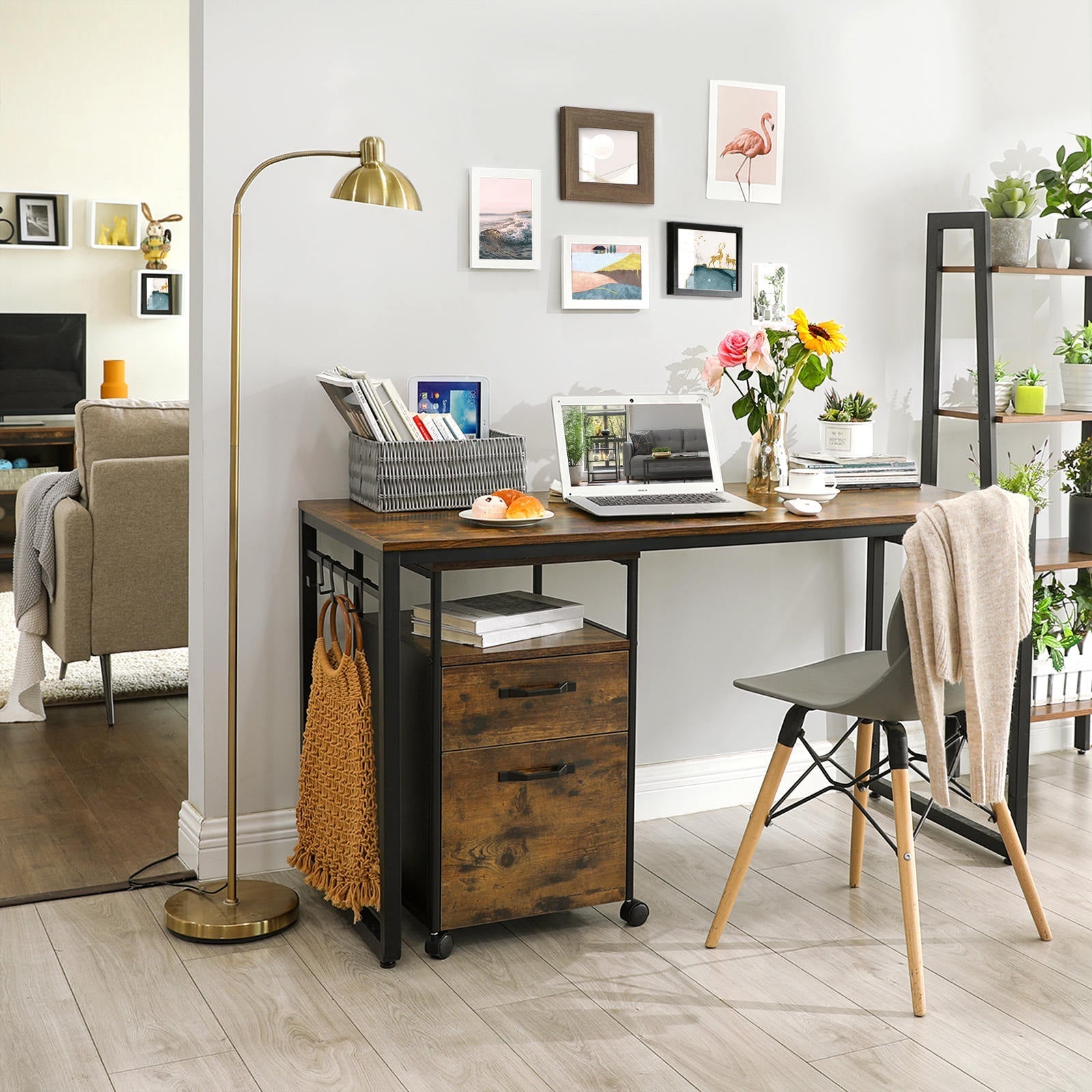 Office Desk - Metal - Rustic Brown and Black - Features 8 Hooks