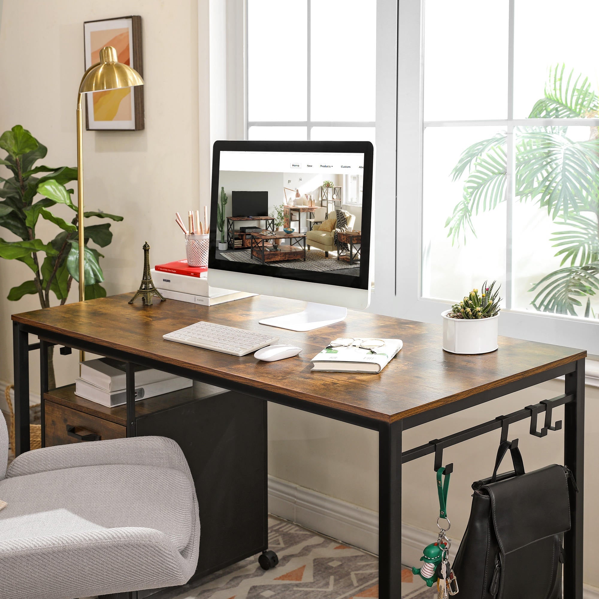 Office Desk - Metal - Rustic Brown and Black - Features 8 Hooks