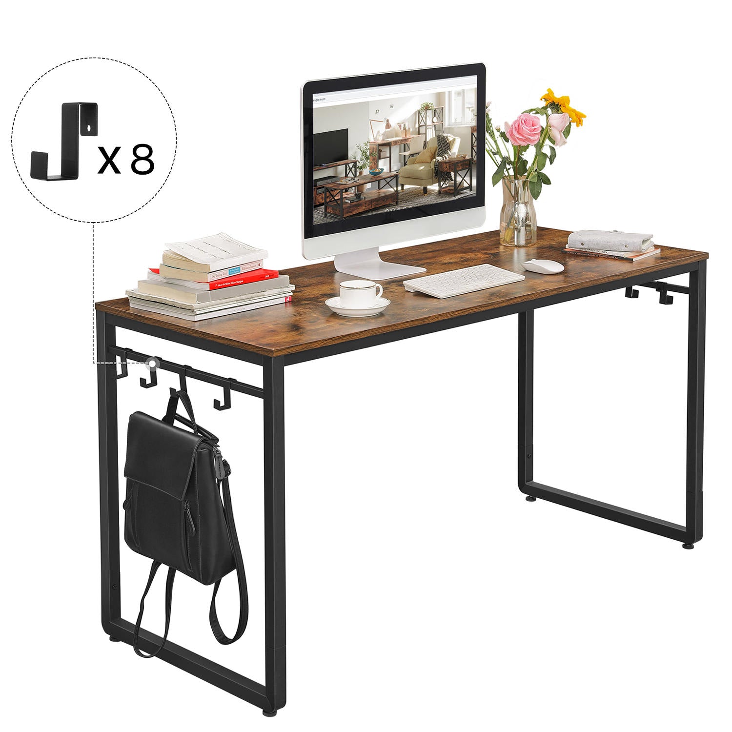 Office Desk - Metal - Rustic Brown and Black - Features 8 Hooks