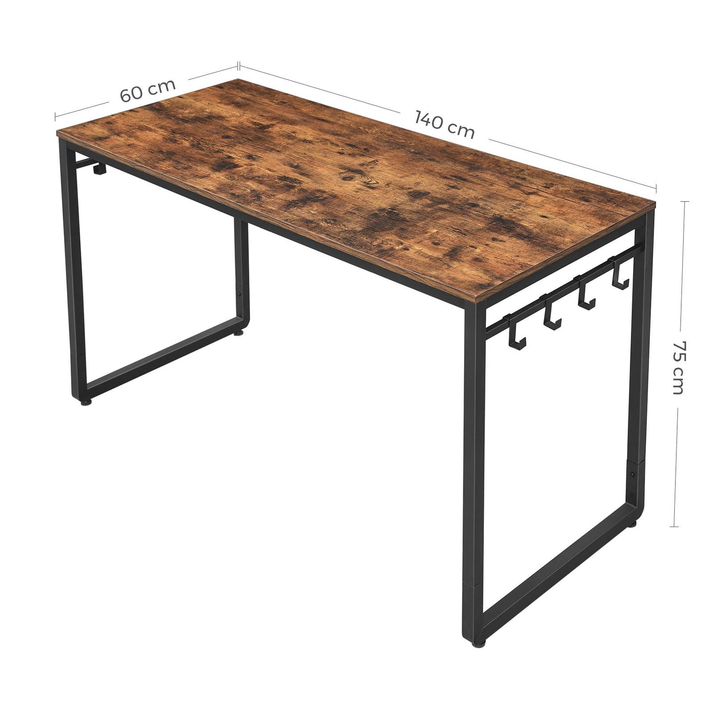Office Desk - Metal - Rustic Brown and Black - Features 8 Hooks