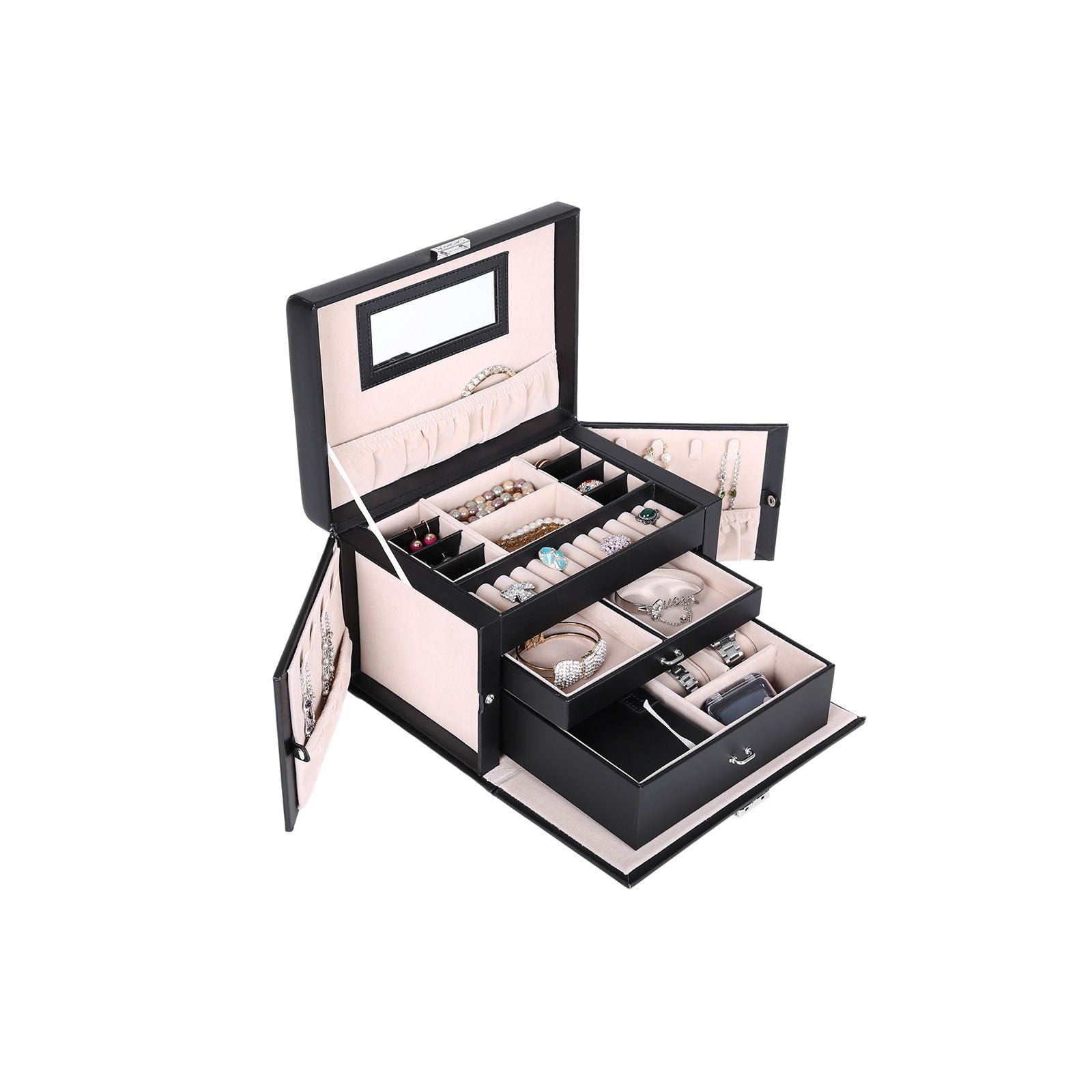 Jewellery Box - Velvet - White - Lockable with Mirror and 2 Drawers