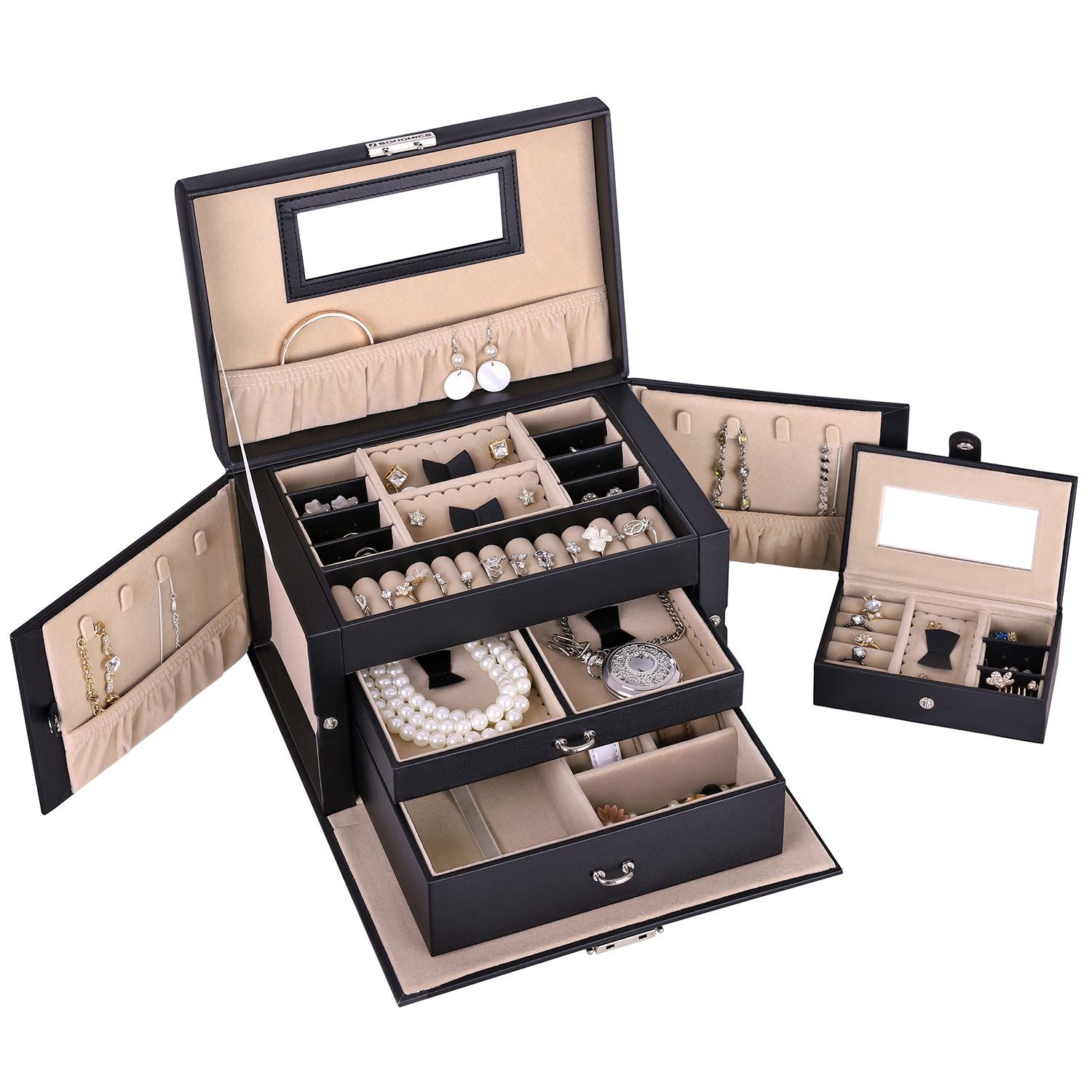 Jewellery Box - Velvet - White - Lockable with Mirror and 2 Drawers
