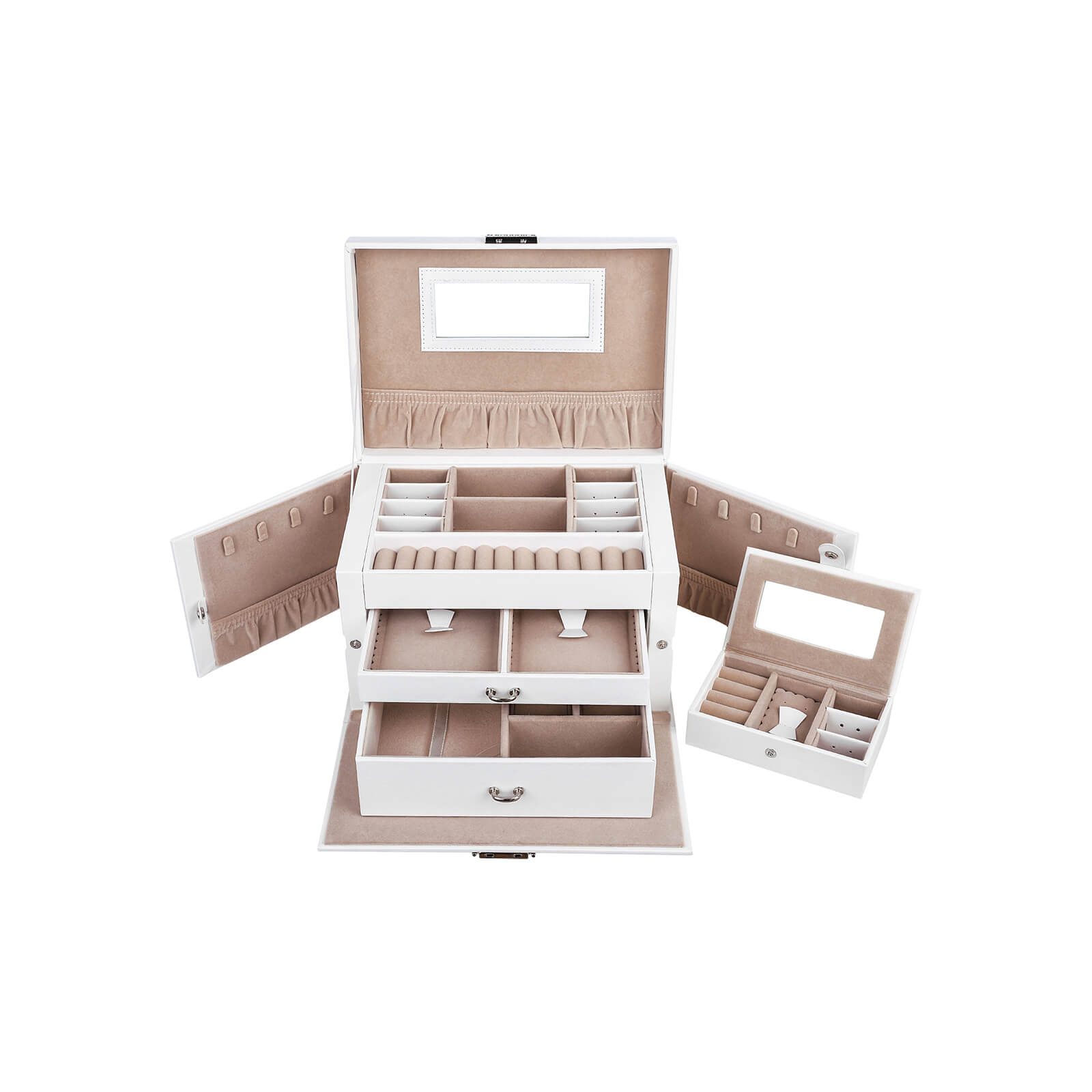 Jewellery Box - Velvet - White - Lockable with Mirror and 2 Drawers