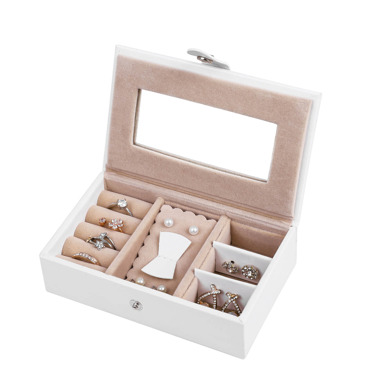 Jewellery Box - Velvet - White - Lockable with Mirror and 2 Drawers