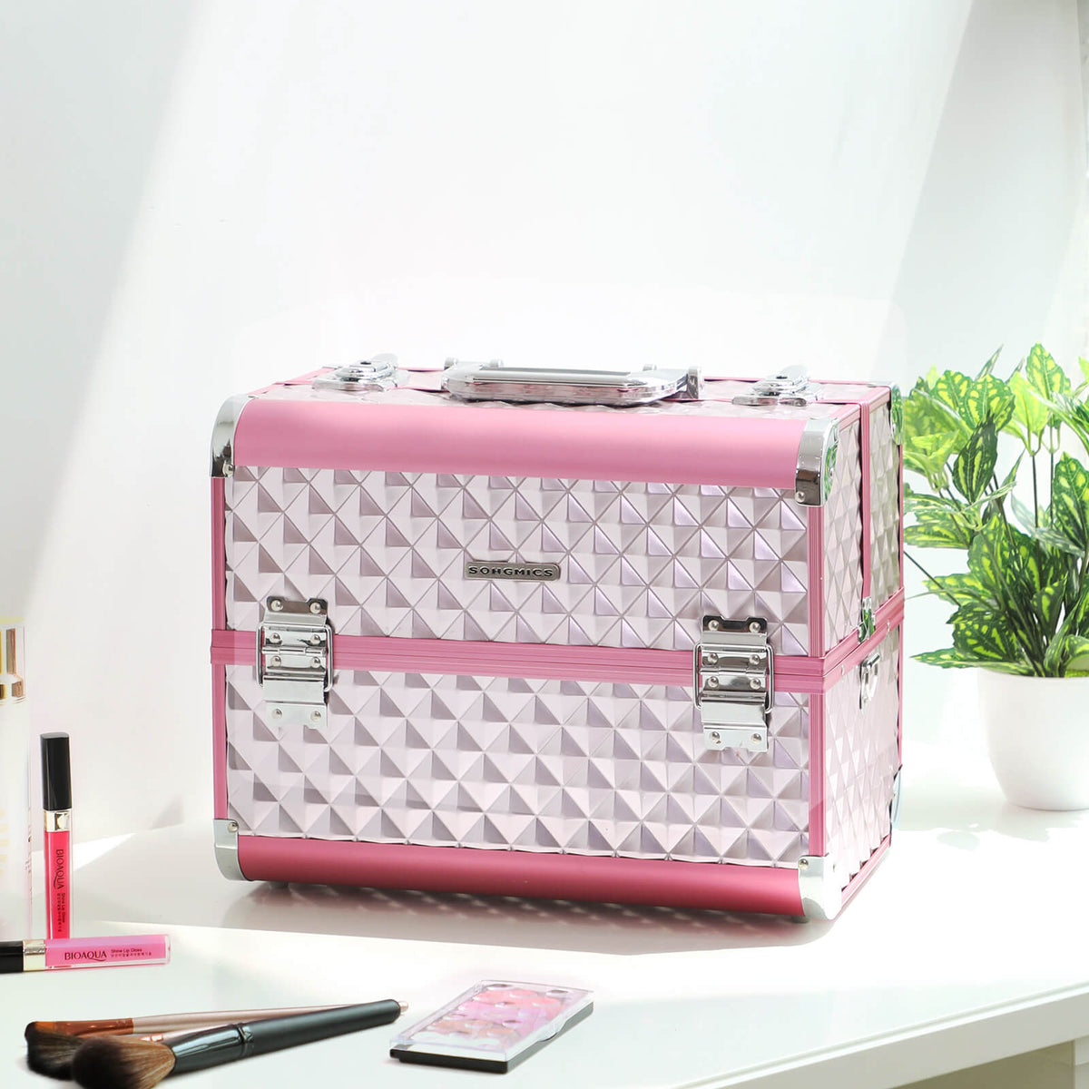 Cosmetic Case - Fabric - Silver Pink - Large with Diamond Pattern for Makeup and Accessories