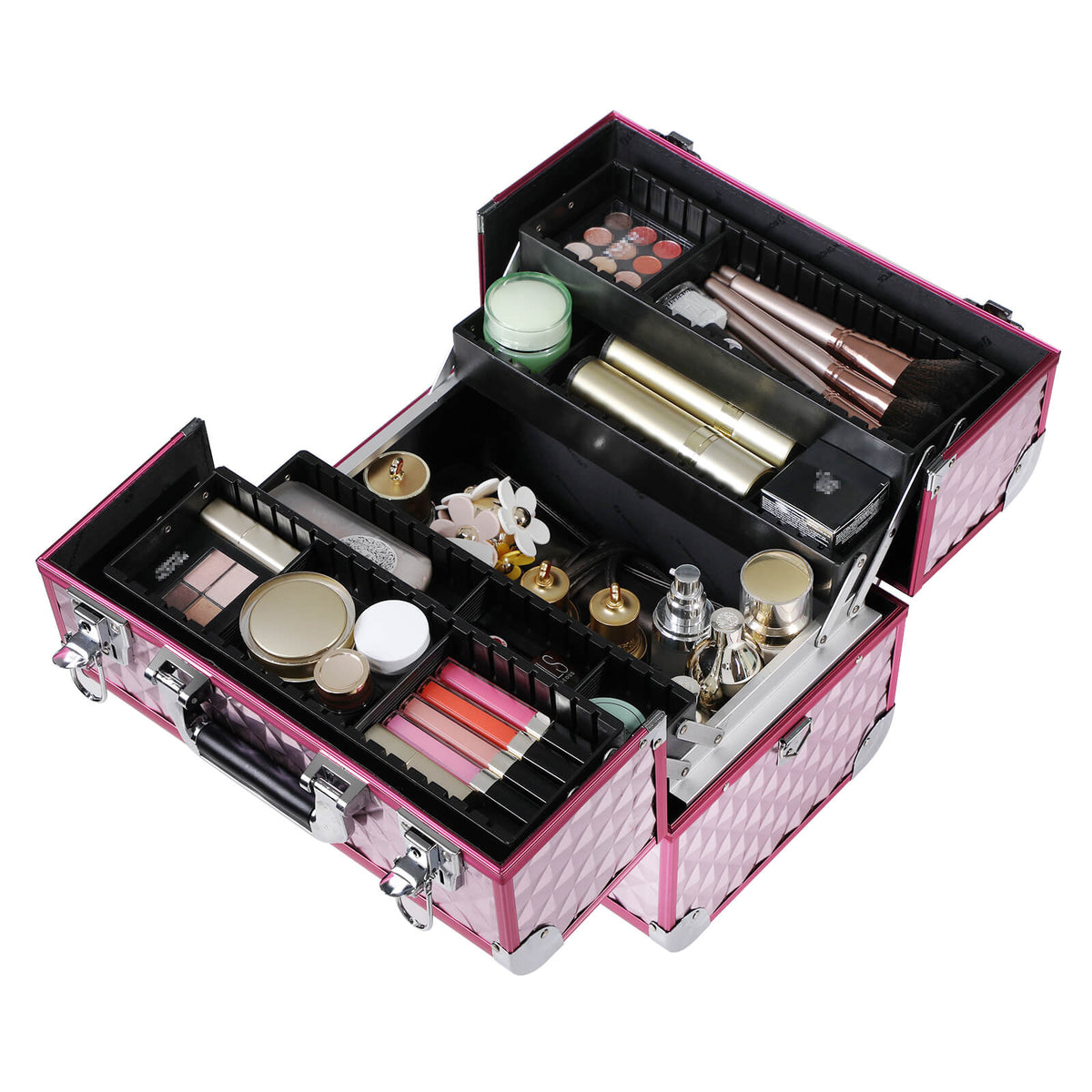 Cosmetic Case - Fabric - Silver Pink - Large with Diamond Pattern for Makeup and Accessories