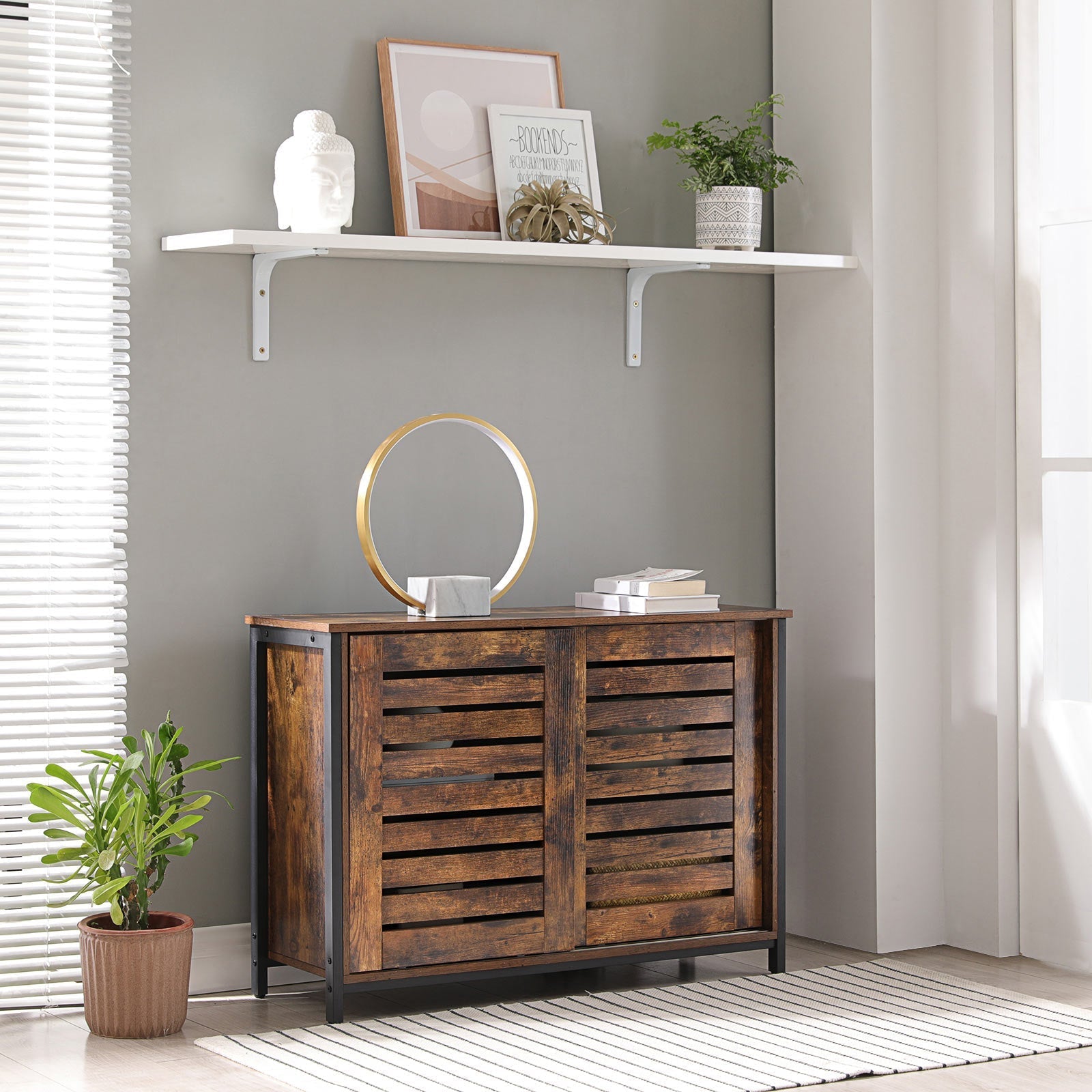 Kitchen Cabinet - Steel Frame - Rustic Brown and Black - Sliding Doors