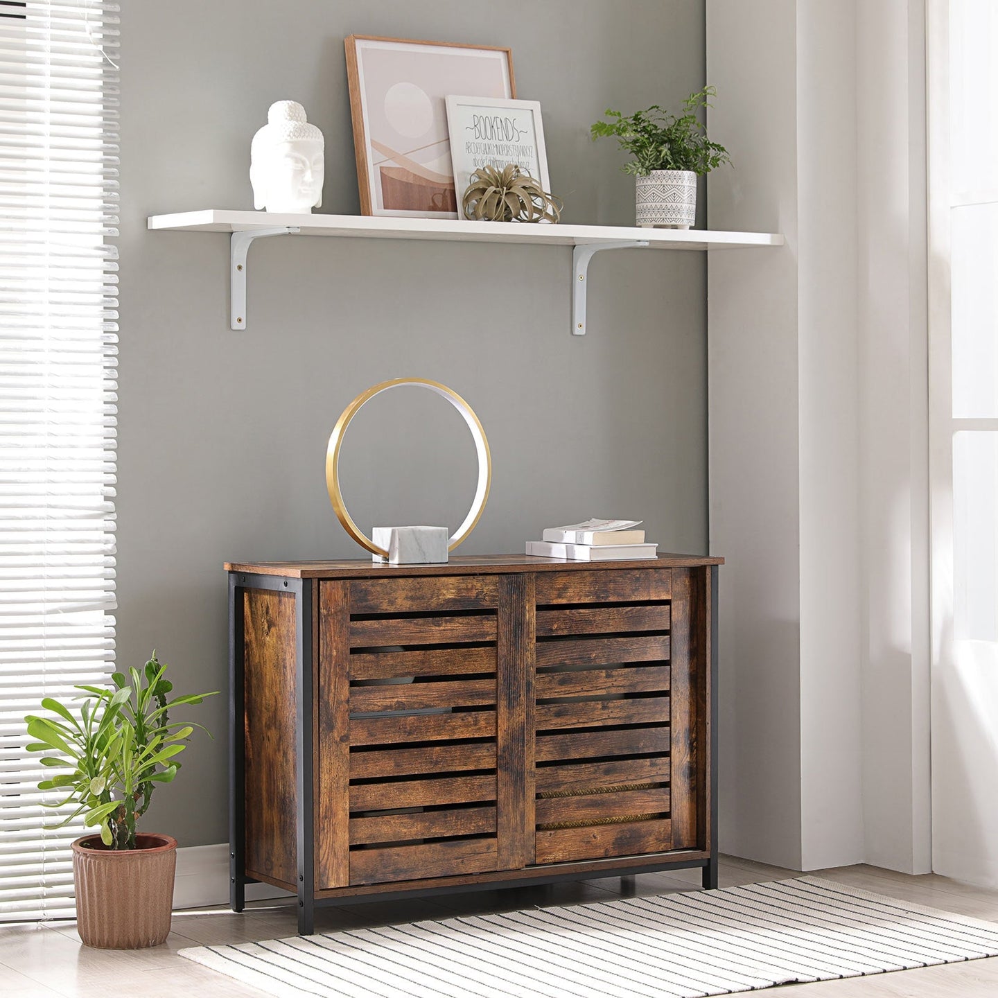 Kitchen Cabinet - Steel Frame - Rustic Brown and Black - Sliding Doors