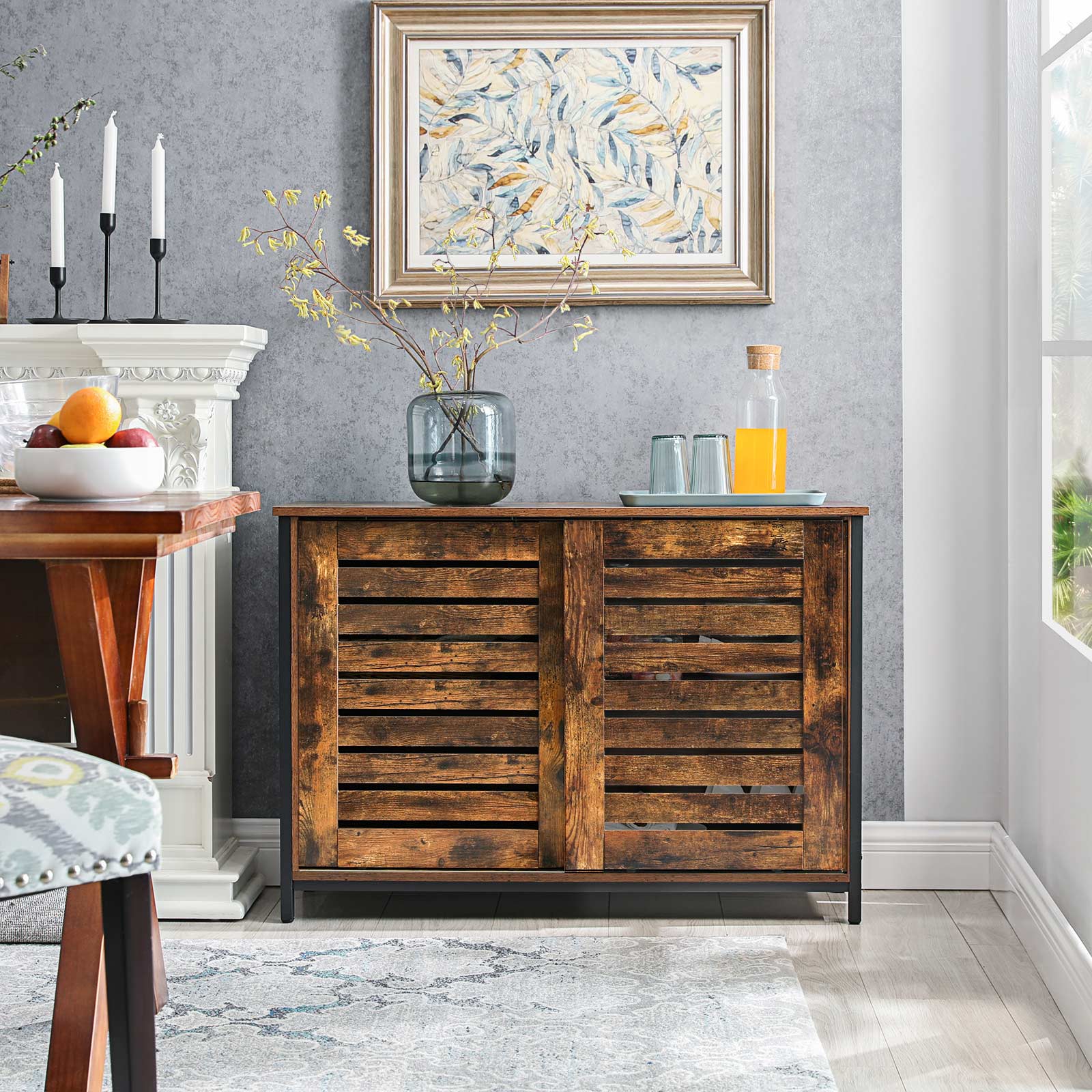 Kitchen Cabinet - Steel Frame - Rustic Brown and Black - Sliding Doors