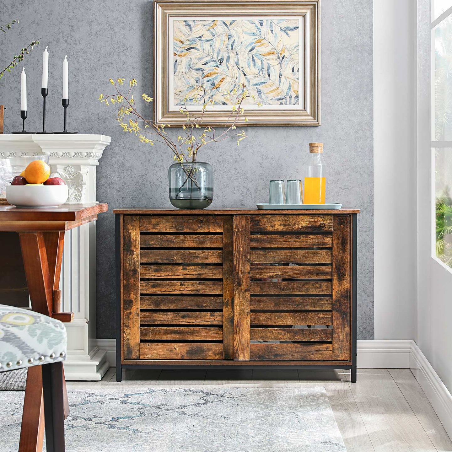 Kitchen Cabinet - Steel Frame - Rustic Brown and Black - Sliding Doors
