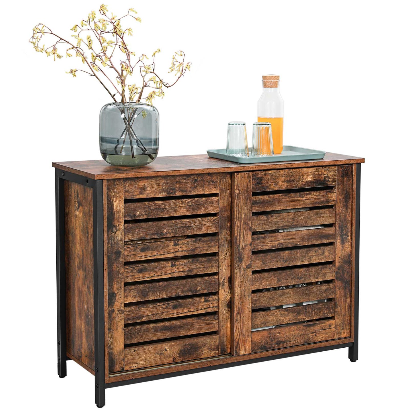Kitchen Cabinet - Steel Frame - Rustic Brown and Black - Sliding Doors