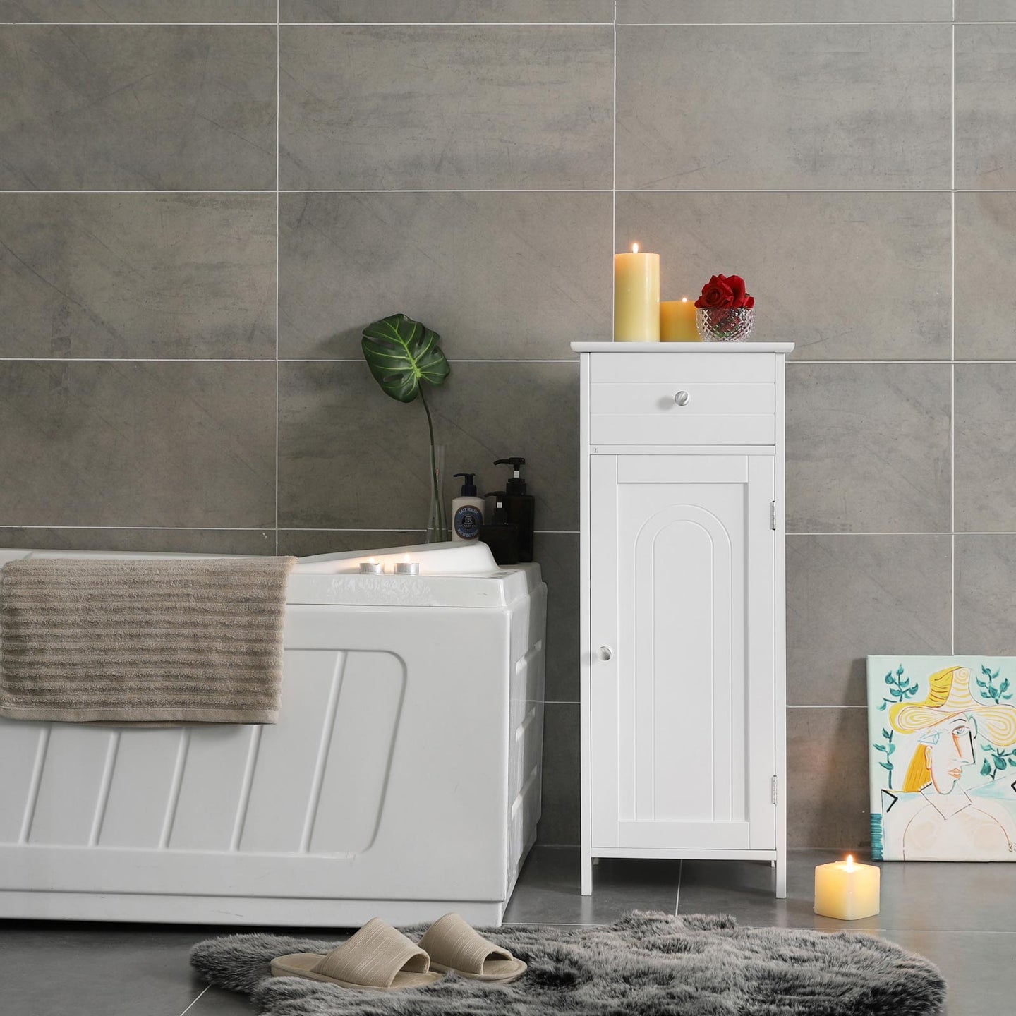 Bathroom Cabinet - Wood - White - Adjustable Shelf and Drawer Storage