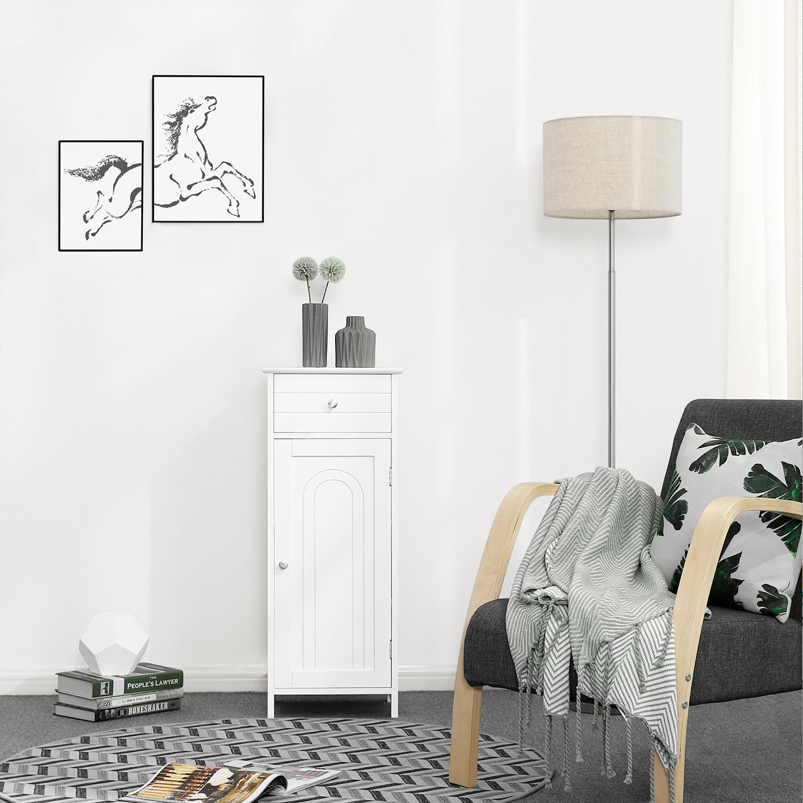 Bathroom Cabinet - Wood - White - Adjustable Shelf and Drawer Storage