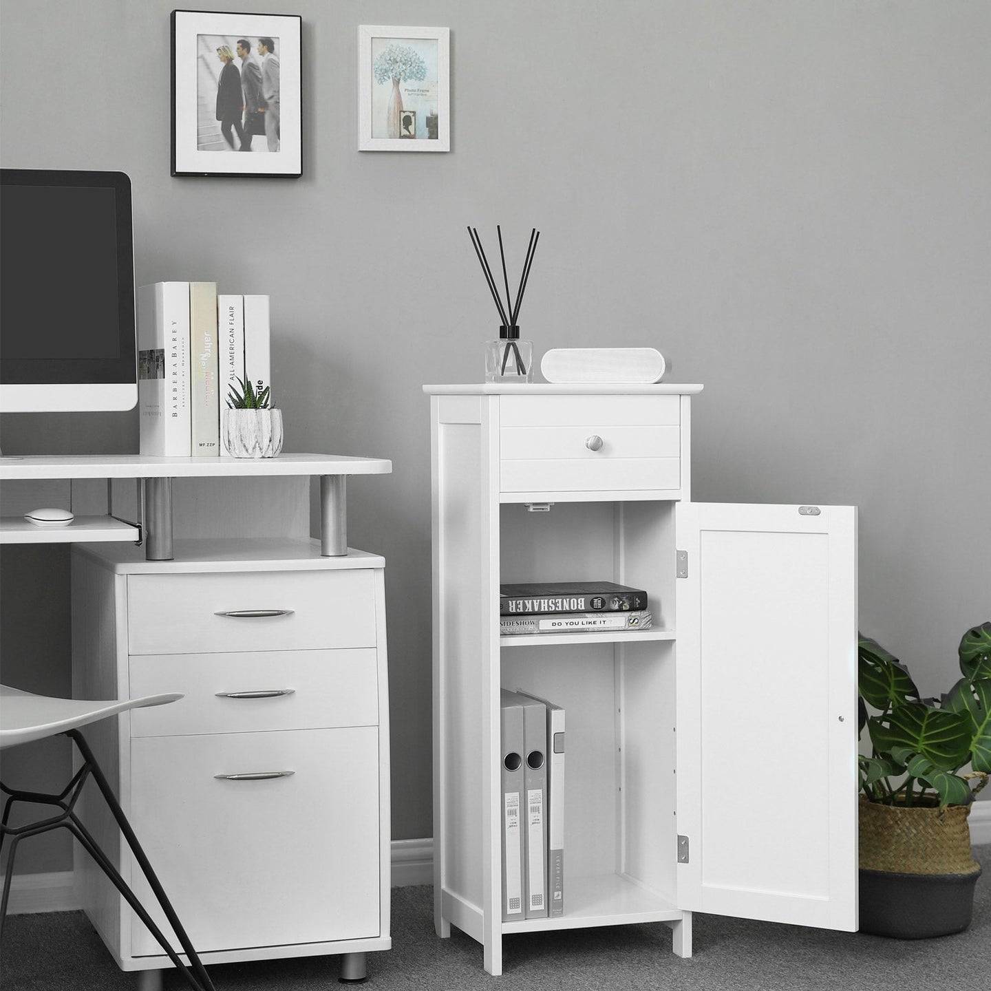 Bathroom Cabinet - Wood - White - Adjustable Shelf and Drawer Storage