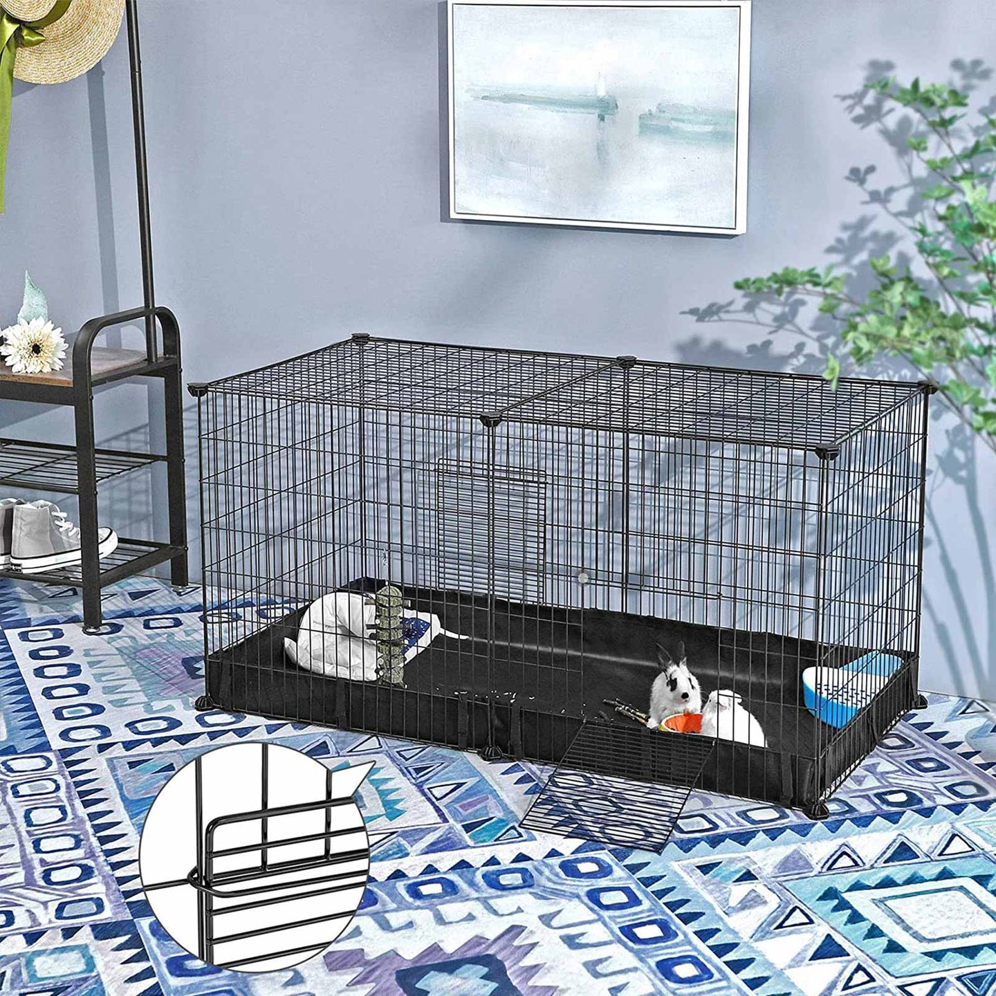 Small Animal Cage - Metal - Black - Large Indoor Playpen with Oxford Mat and 2 Doors