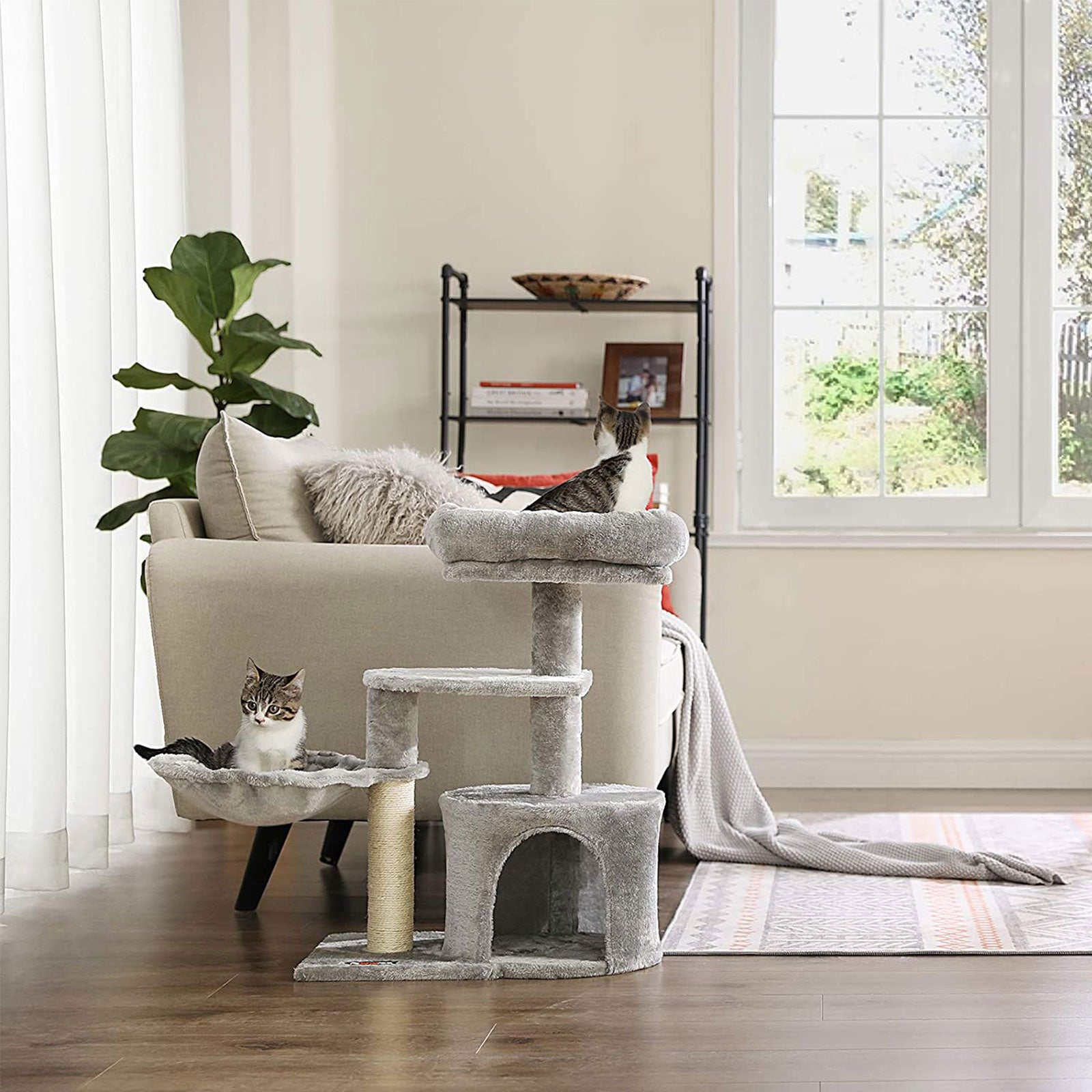 Cat Condo - Wood - Light Grey - Multi-Level with Scratching Post