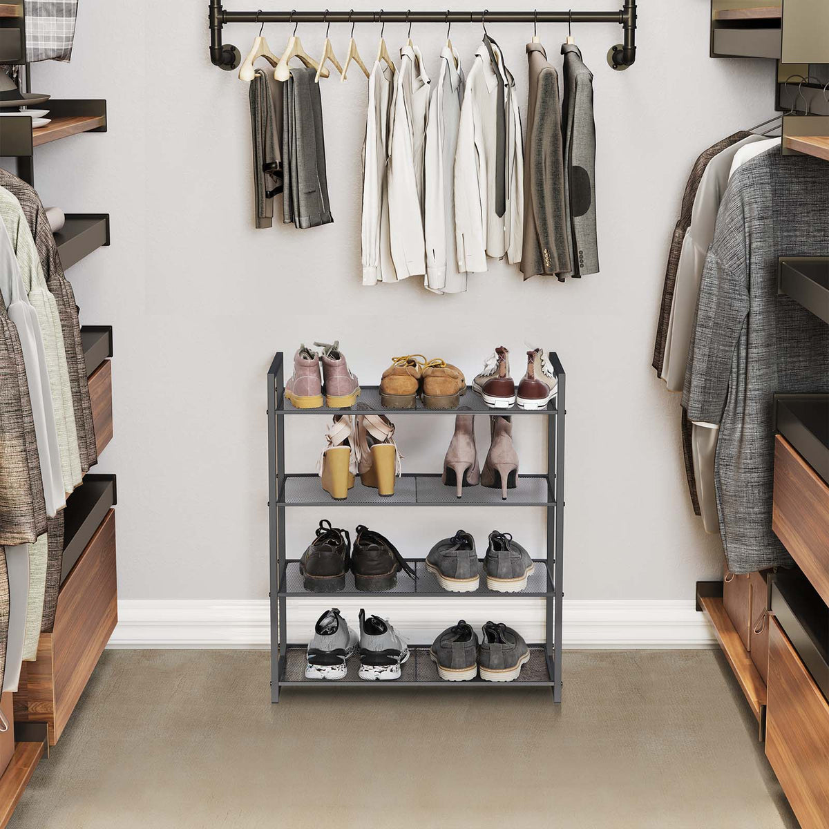 4-Tier Stackable Shoe Rack - Metal - Smoky Gray - Holds 12-16 Pairs of Shoes