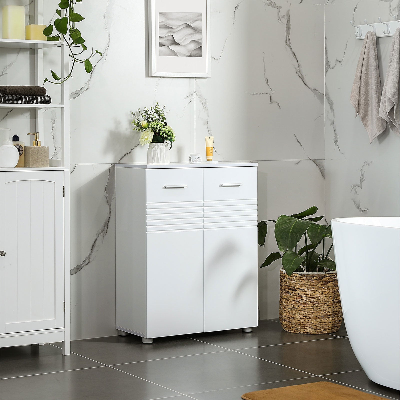 Bathroom Cabinet - Wood - Glossy White - Double Door with Soft Close Hinges