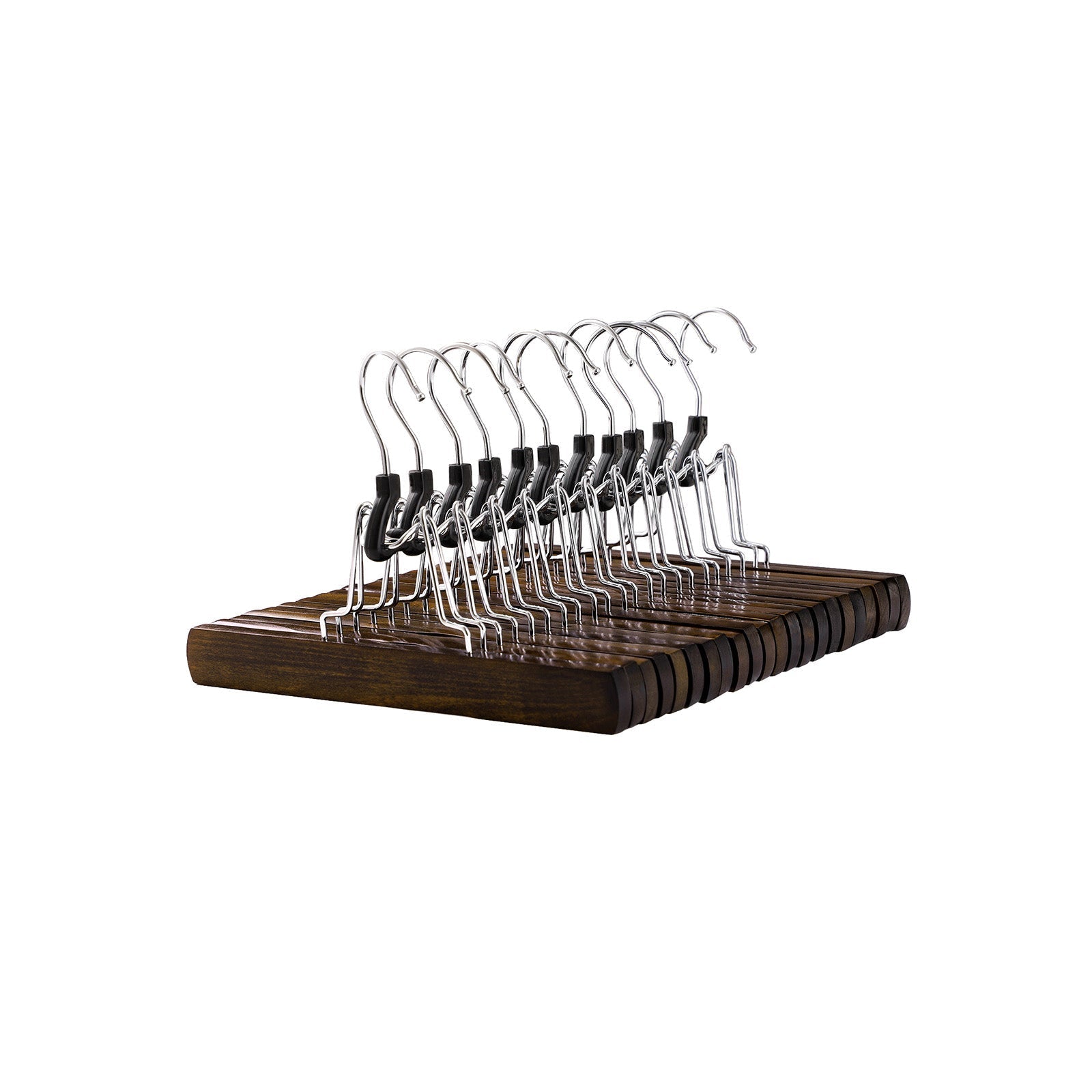 Pants Hangers - Solid Wood - Dark Walnut - Non-Slip with Full-Width Clamp and Lock (Pack of 12)
