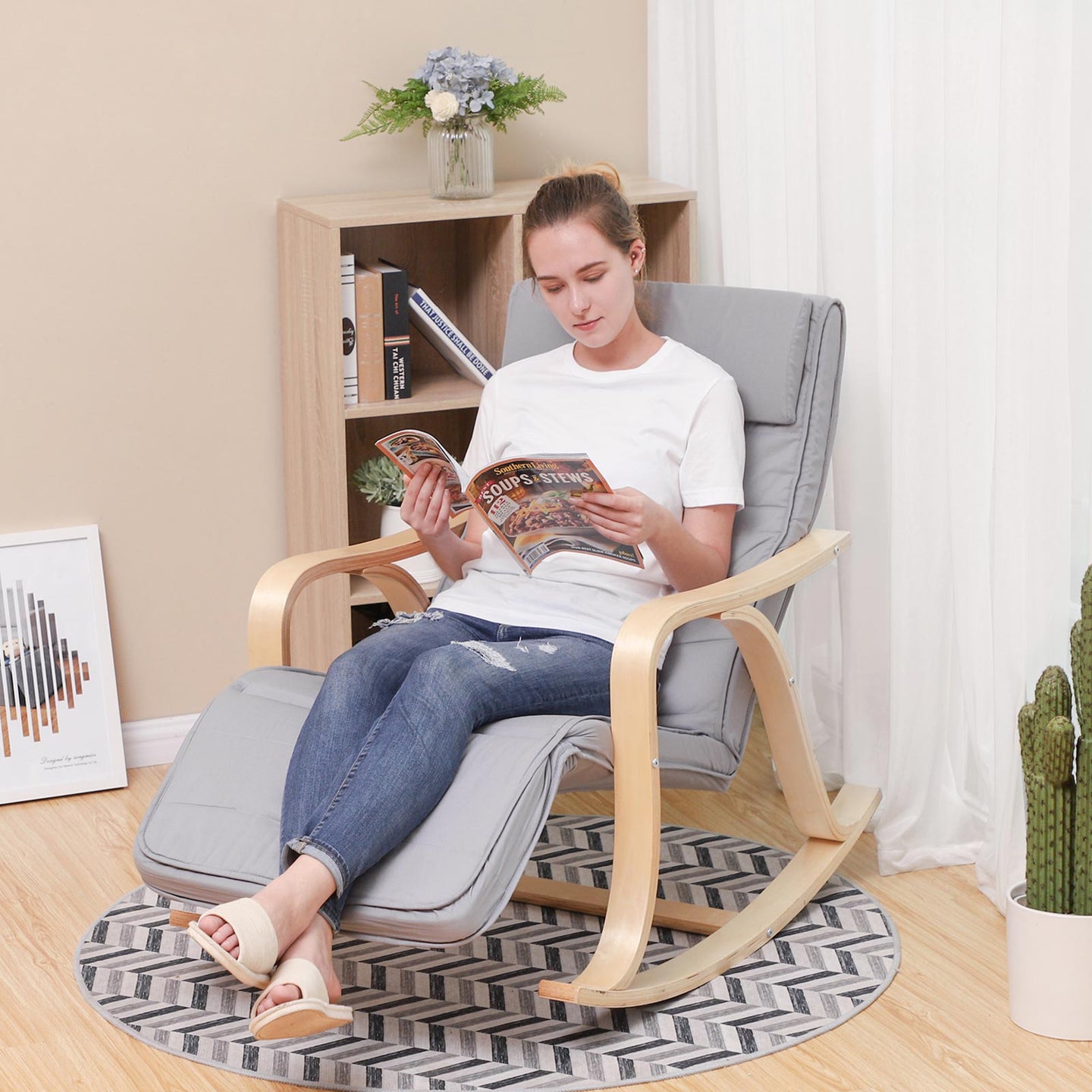 Rocking Chair - Solid Wood - Light Grey - Adjustable Calf Support with 5 Compartments