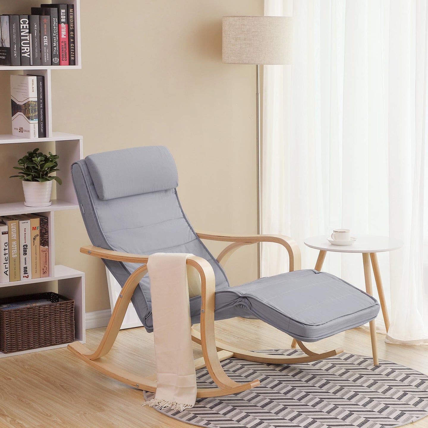 Rocking Chair - Solid Wood - Light Grey - Adjustable Calf Support with 5 Compartments