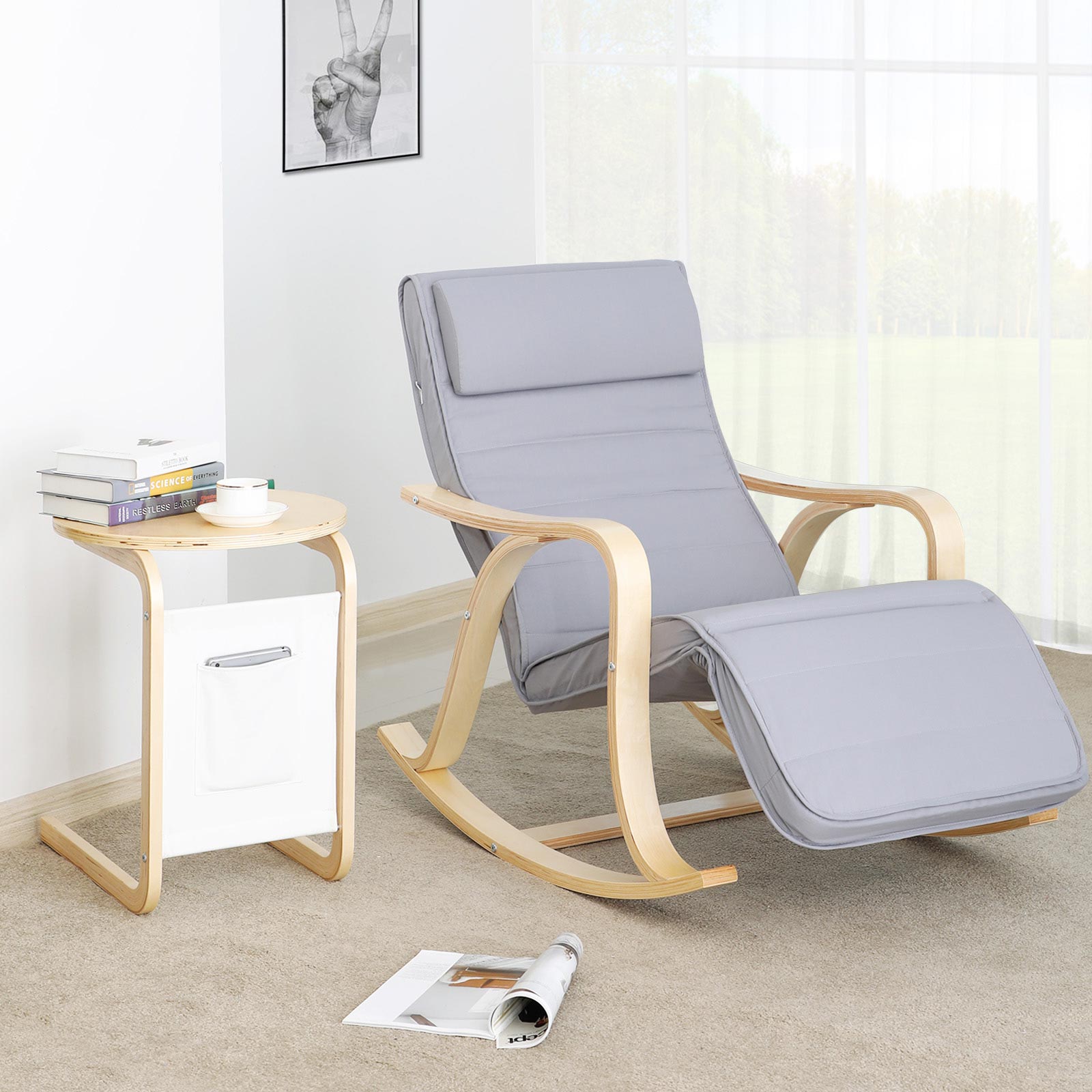 Rocking Chair - Solid Wood - Light Grey - Adjustable Calf Support with 5 Compartments