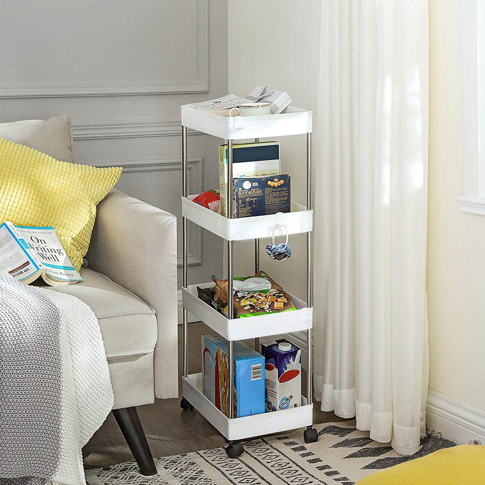 Rolling Kitchen Trolley - Wood - White - Space-Saving 4-Tier Design