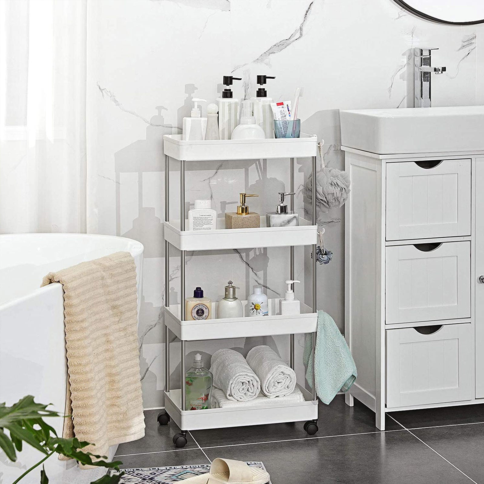 Rolling Kitchen Trolley - Wood - White - Space-Saving 4-Tier Design