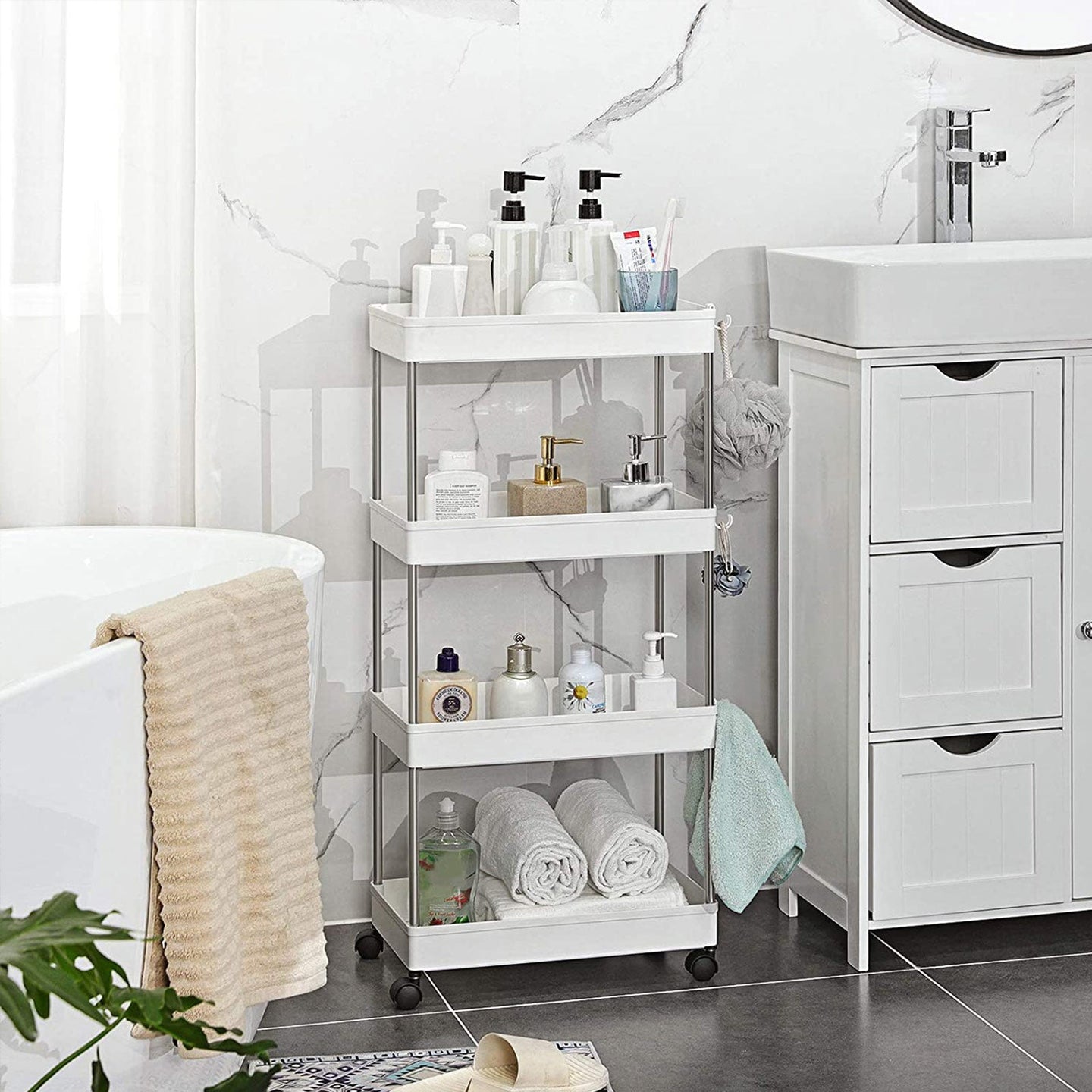Rolling Kitchen Trolley - Wood - White - Space-Saving 4-Tier Design