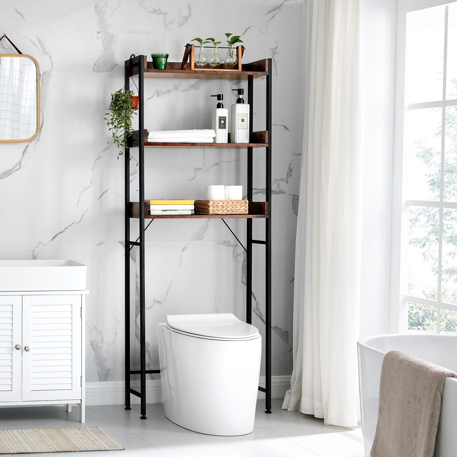 3-Tier Over-The-Toilet Rack - Wood - Rustic Brown and Black - Stable and Space-Saving