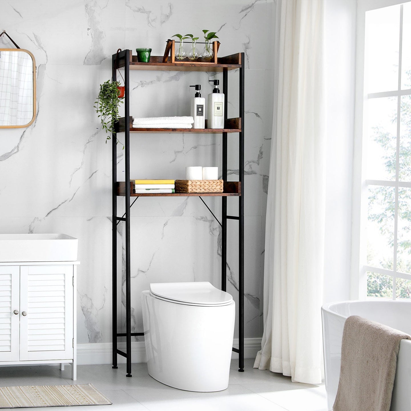 3-Tier Over-The-Toilet Rack - Wood - Rustic Brown and Black - Stable and Space-Saving