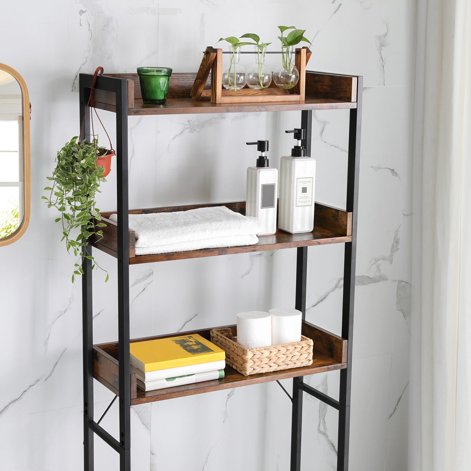 3-Tier Over-The-Toilet Rack - Wood - Rustic Brown and Black - Stable and Space-Saving