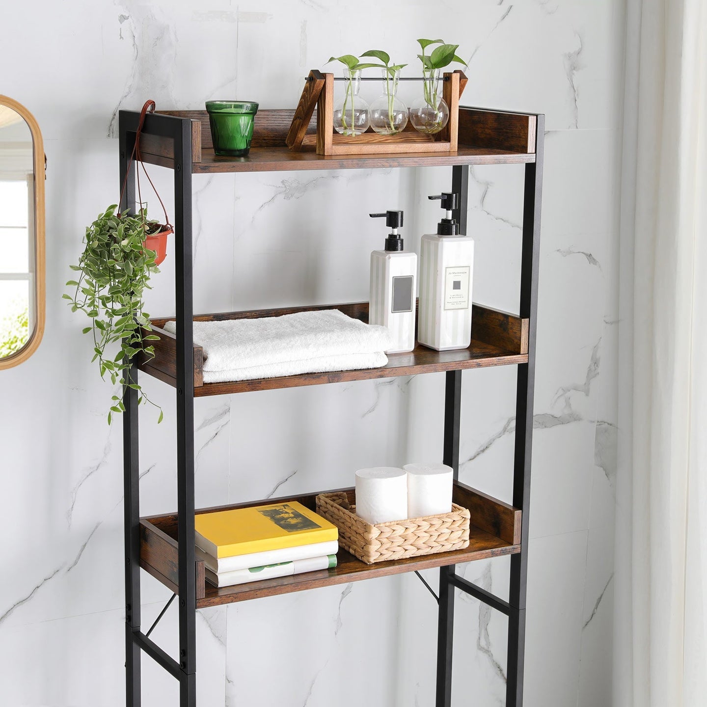3-Tier Over-The-Toilet Rack - Wood - Rustic Brown and Black - Stable and Space-Saving