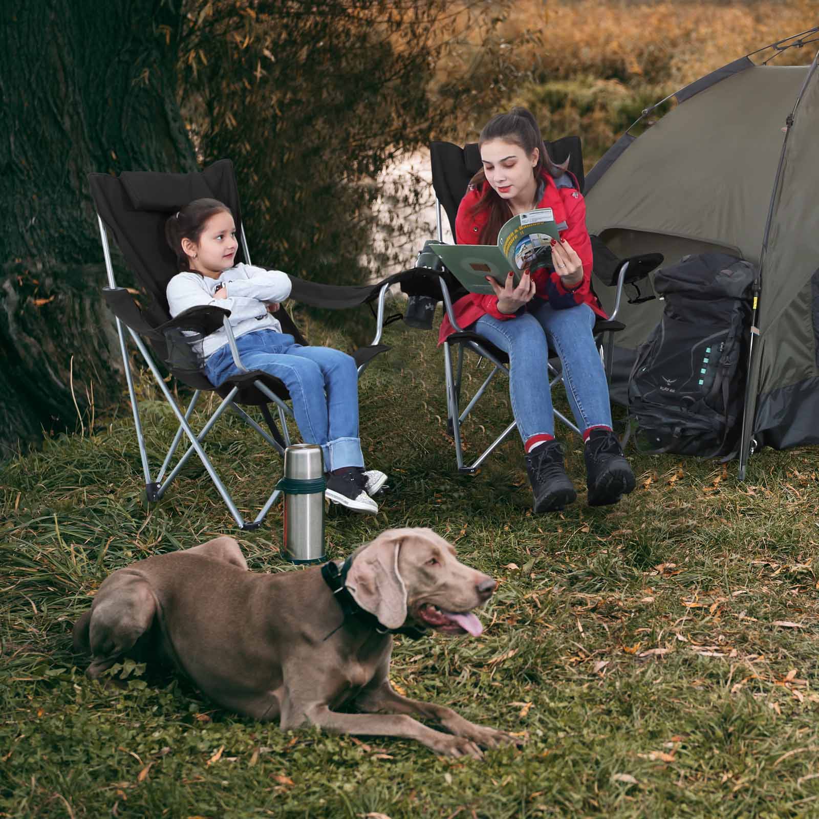 Folding Camping Chair - Steel - Black - Ergonomic with Armrests