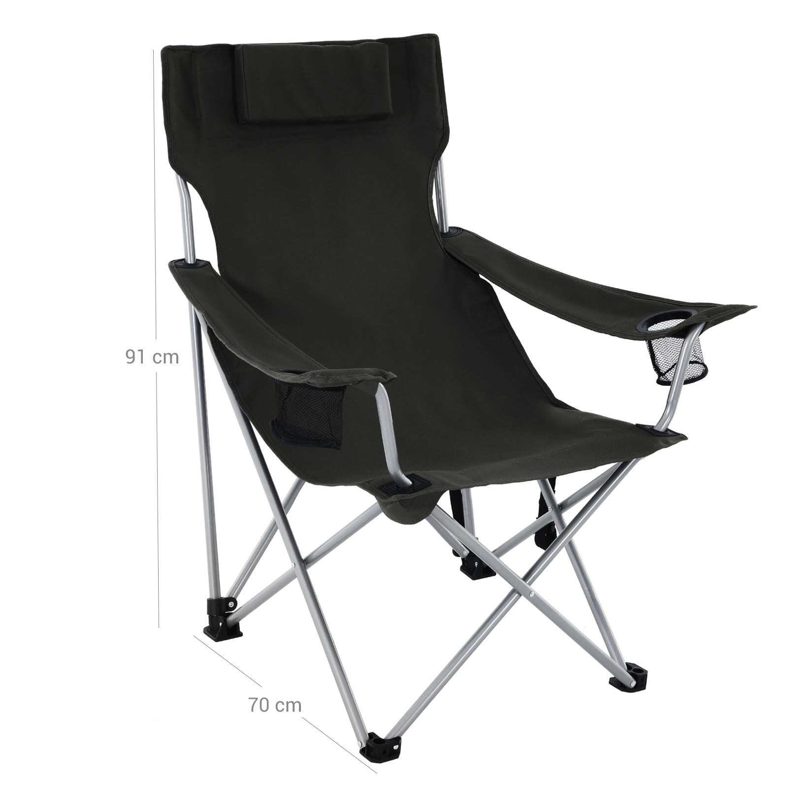 Folding Camping Chair - Steel - Black - Ergonomic with Armrests