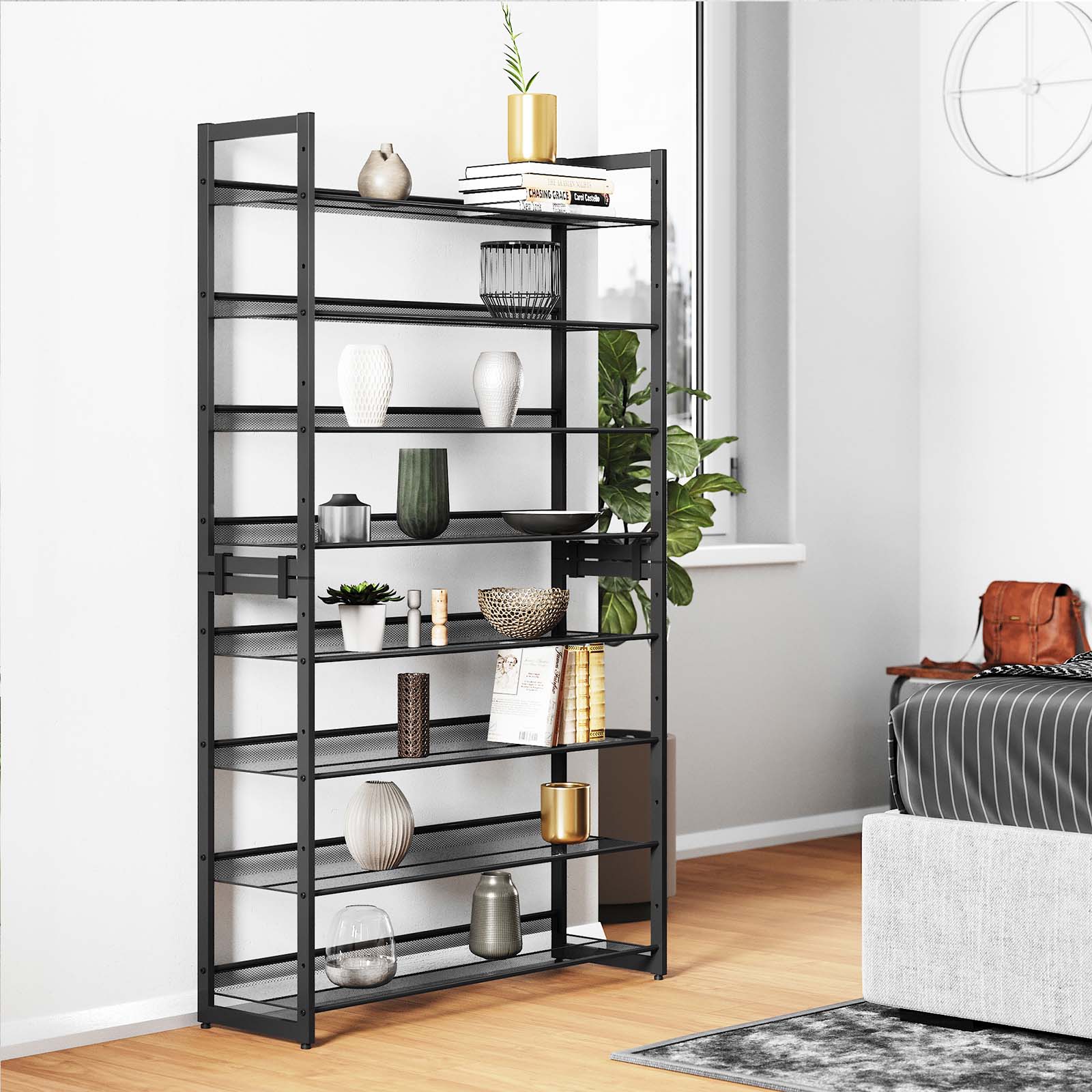 Stackable Shoe Rack - Metal Mesh - Black - 12-Tier Capacity for 48-60 Pairs of Shoes