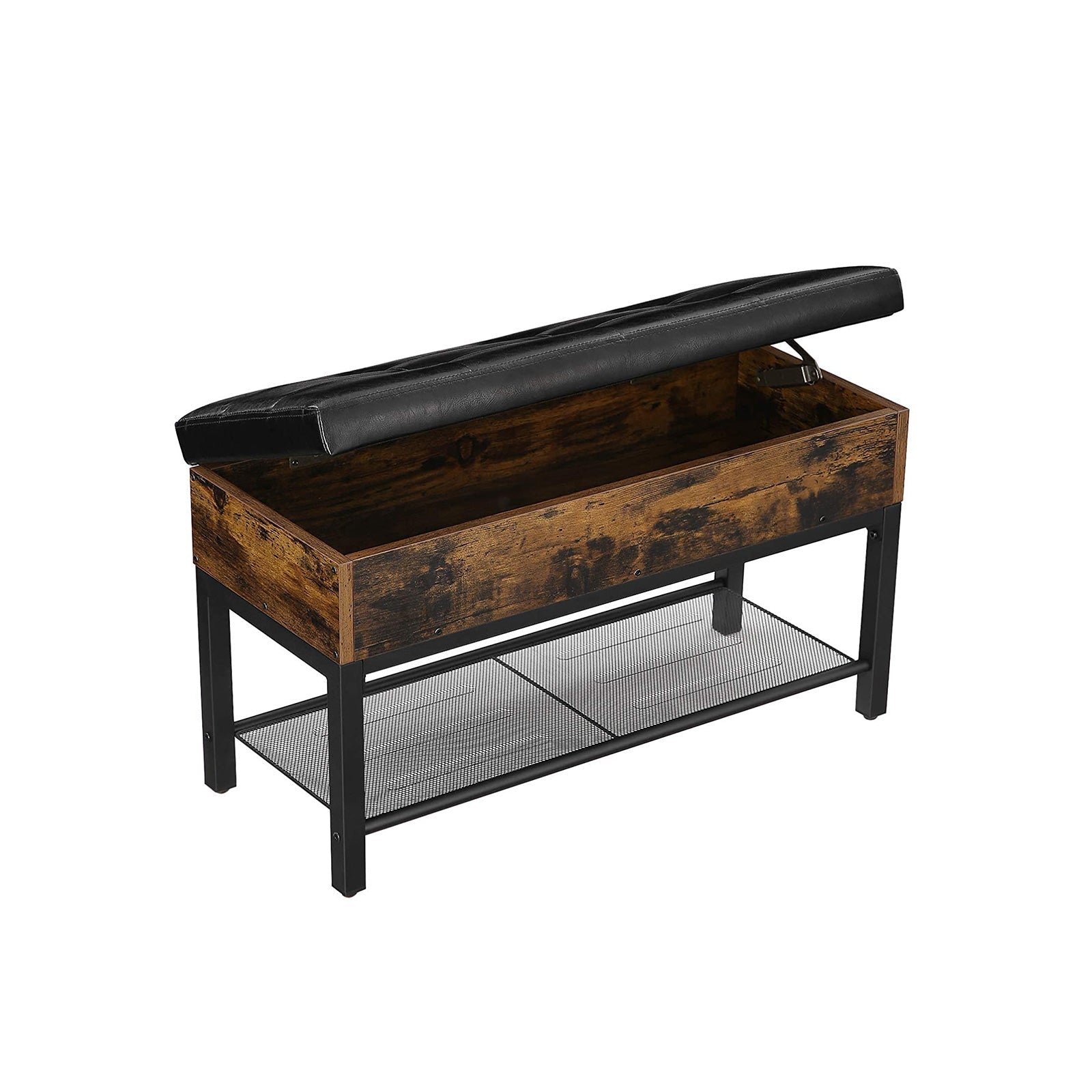 Storage Bench - Synthetic Leather - Rustic Brown and Black - Padded with Shelf