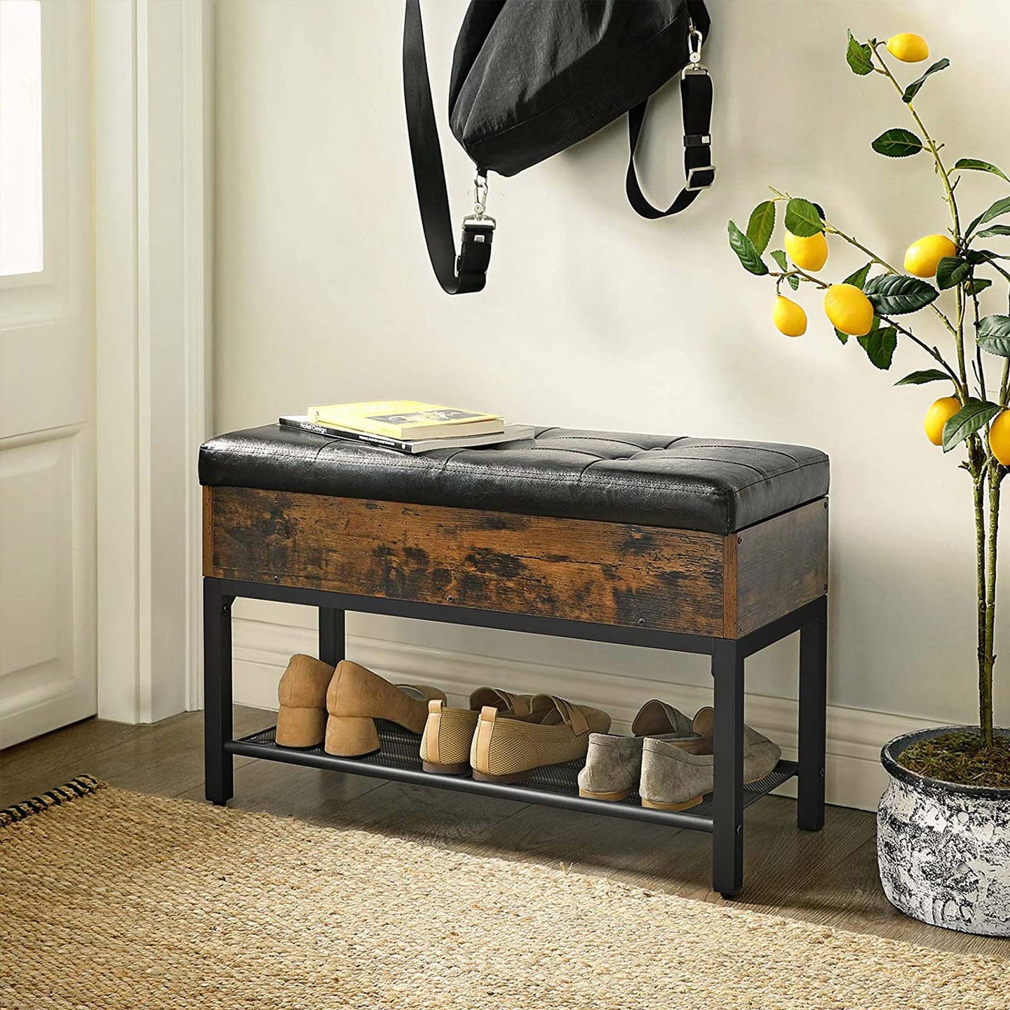 Storage Bench - Synthetic Leather - Rustic Brown and Black - Padded with Shelf