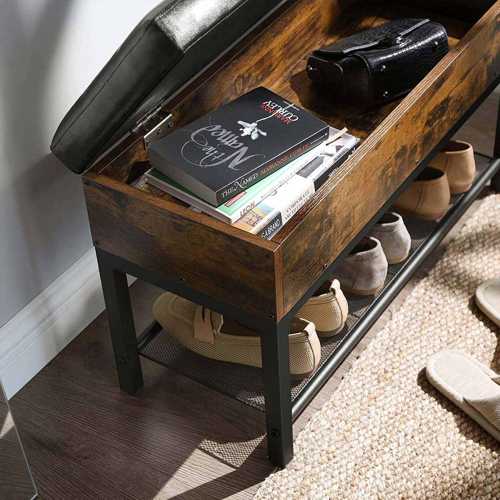 Storage Bench - Synthetic Leather - Rustic Brown and Black - Padded with Shelf
