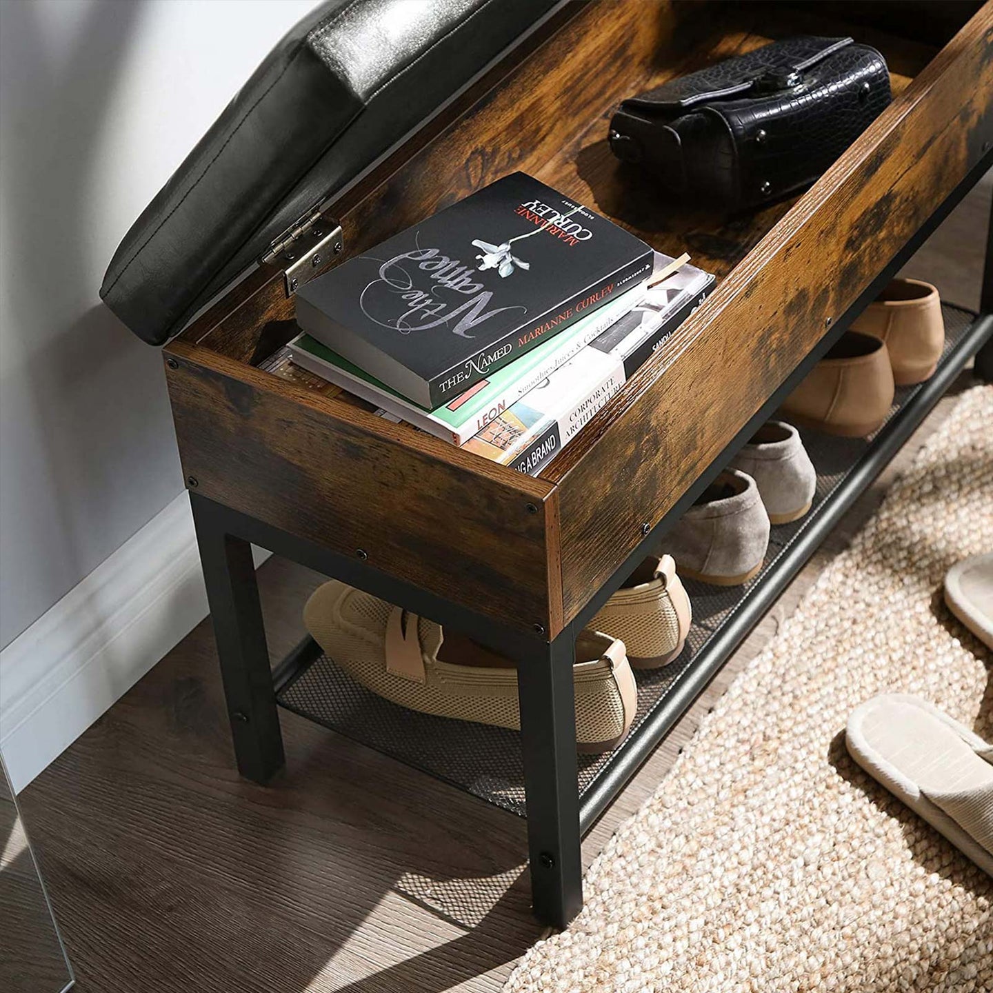Storage Bench - Synthetic Leather - Rustic Brown and Black - Padded with Shelf