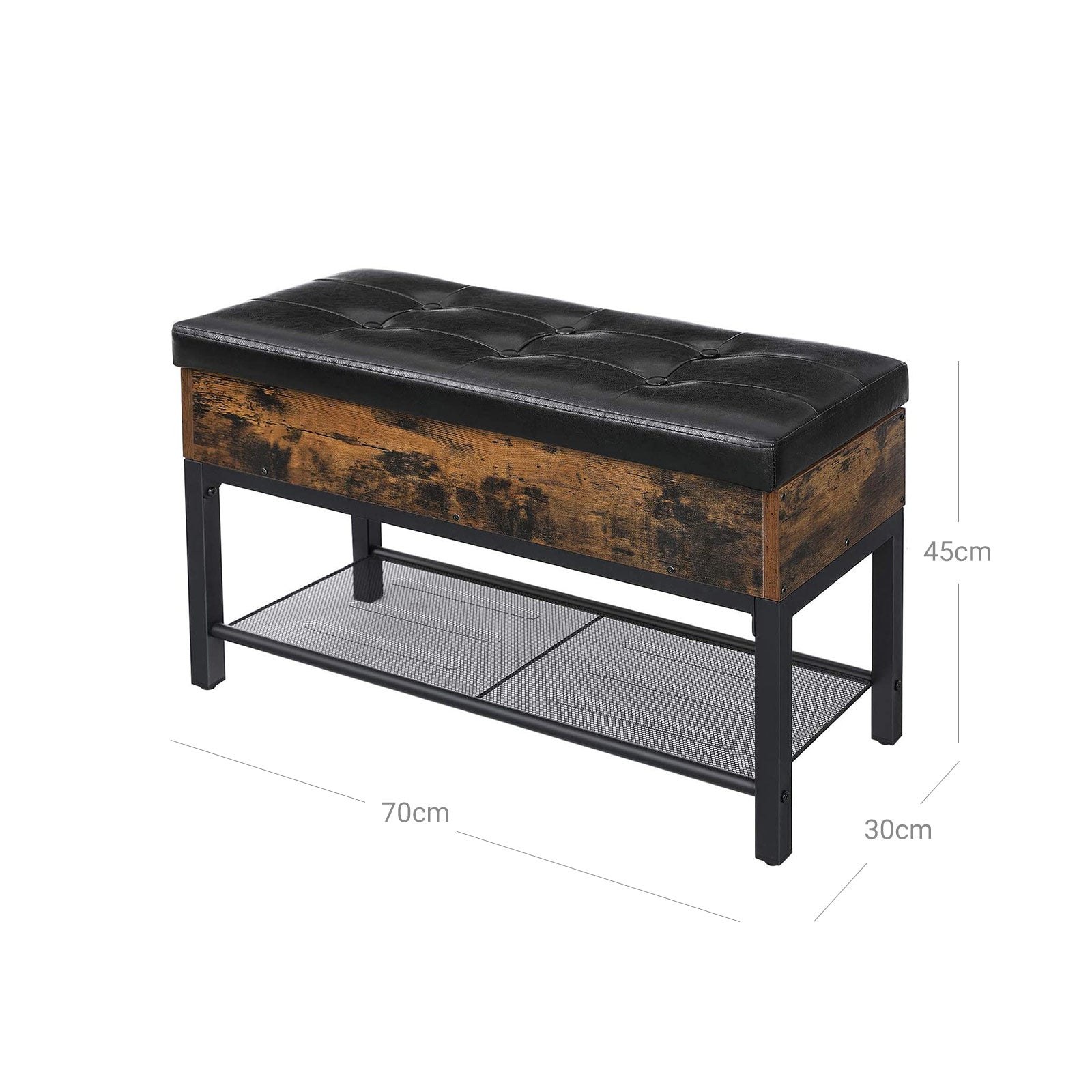 Storage Bench - Synthetic Leather - Rustic Brown and Black - Padded with Shelf